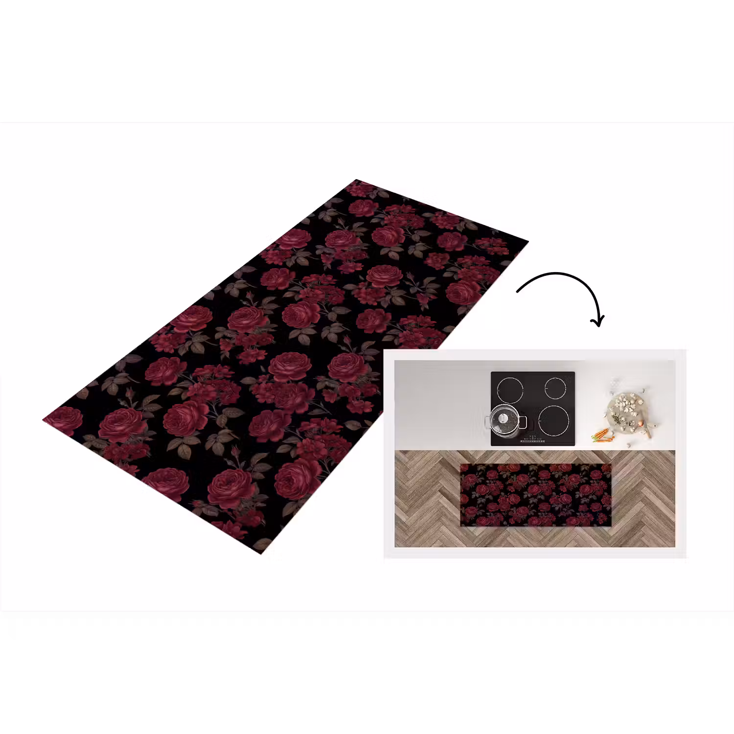Bloemen - Roos - Patroon - Klassiek - Rood Keukenloper - keukenmat middel -3d