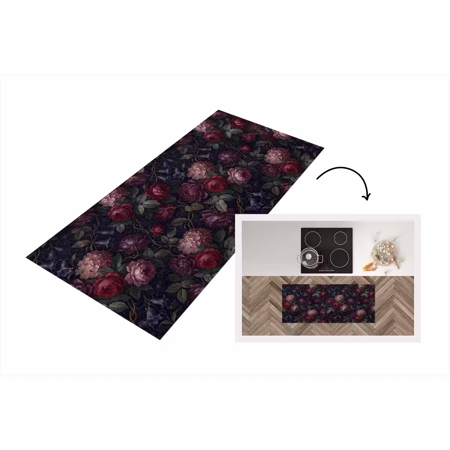 Bloemen - Rood - Klassiek - Donker - Patroon Keukenloper - keukenmat middel -3d
