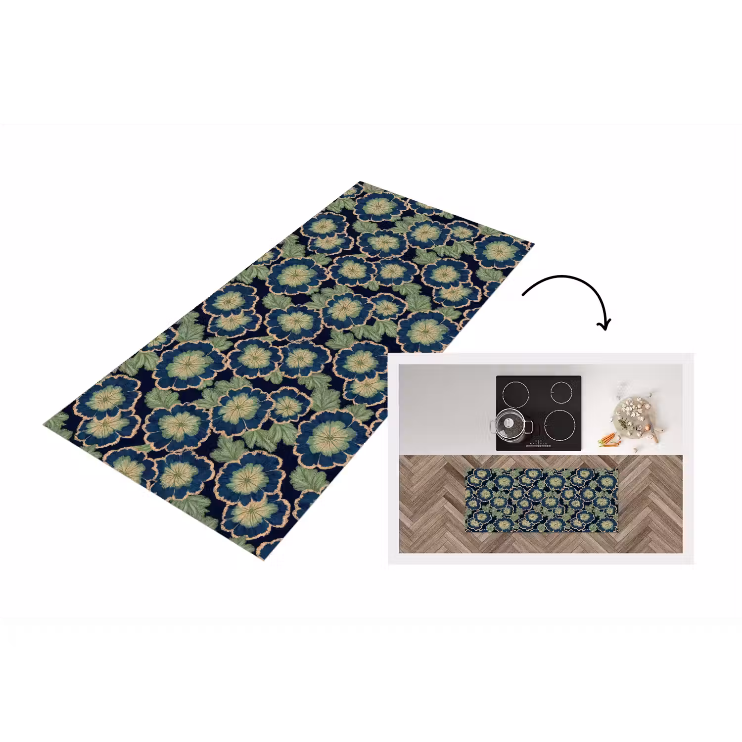 Bloemen - Borduurwerk - Patroon - Blauw - Groen Keukenloper - keukenmat middel 536 -3d