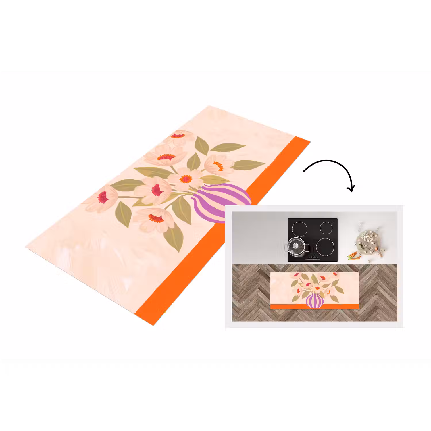 Bloemen - Vaas - Abstract - Paars - Oranje Keukenloper - keukenmat middel -3d