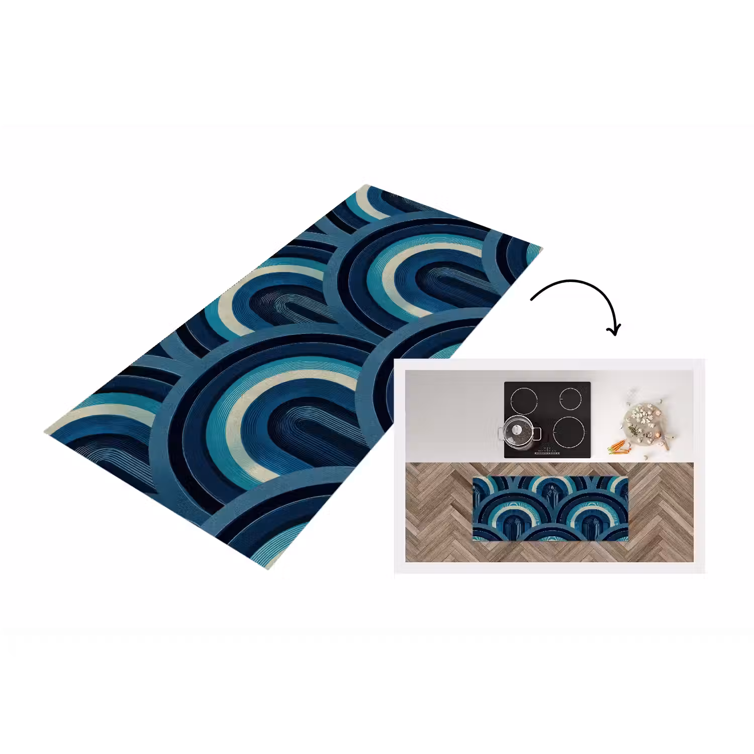 Bogen - Geometrisch - Patroon - Blauw - Retro Keukenloper - keukenmat middel 536 -3d