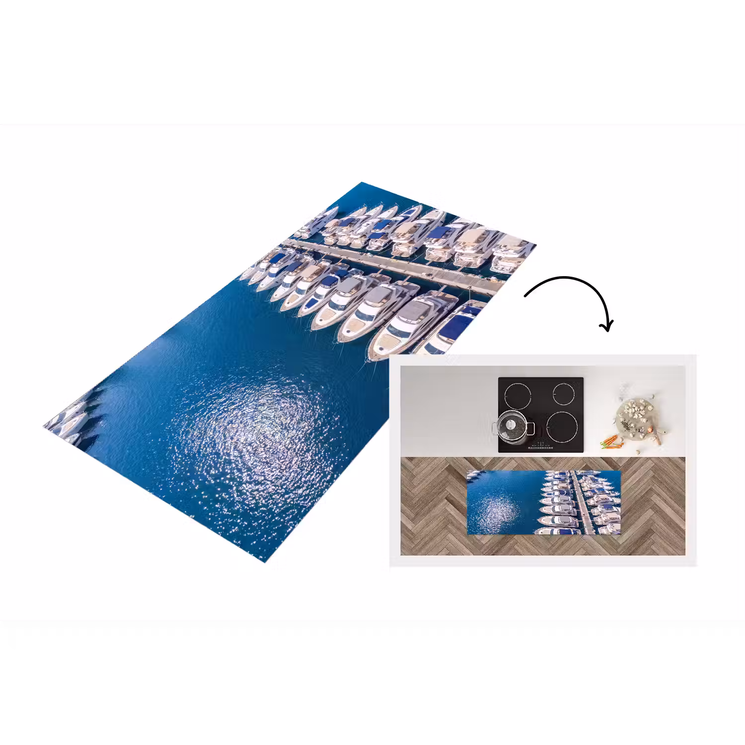 Boot - Jachthaven - Water - Zomer - Blauw Keukenloper - keukenmat middel -3d