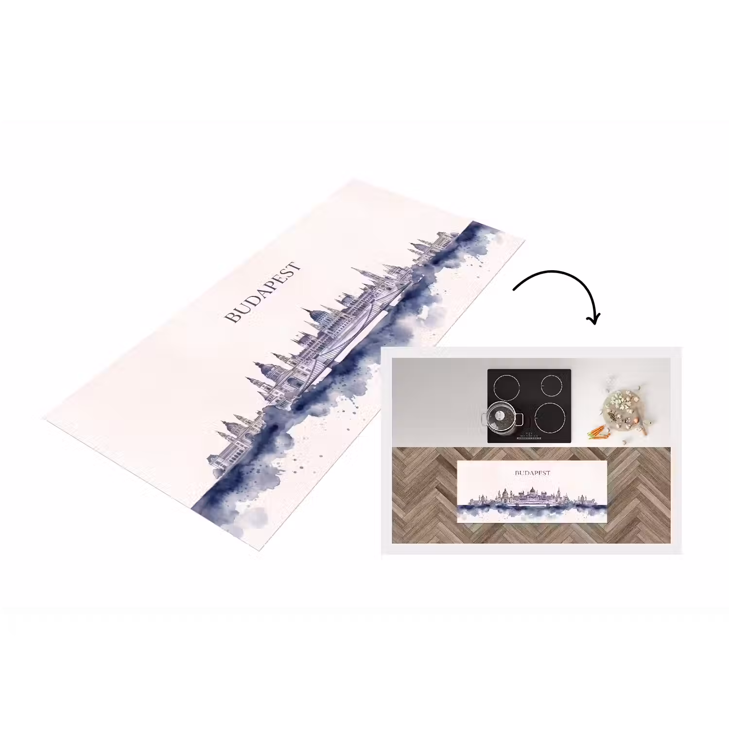 Boedapest - Skyline - Architectuur - Aquarel - Blauw Keukenloper - keukenmat middel -3d