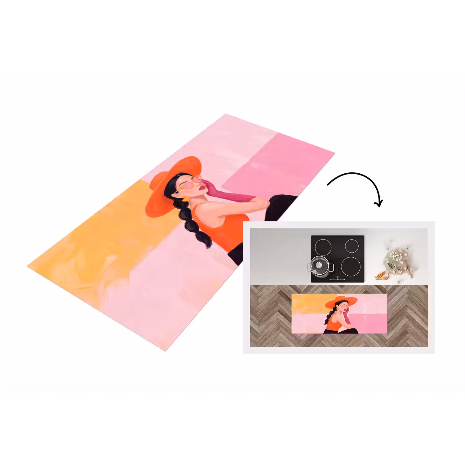 Vrouw - Hoed - Mode - Modern - Oranje Keukenloper - keukenmat middel -3d