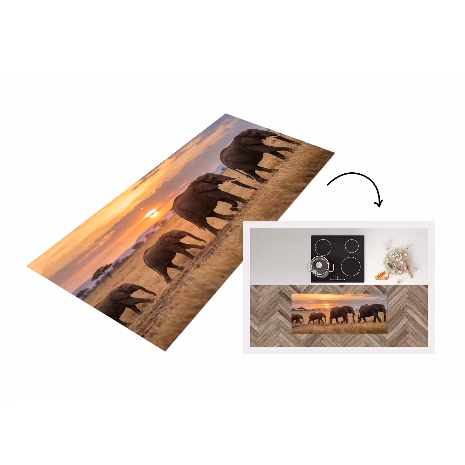 Olifanten - Savanne - Zonsondergang - Afrika - Warm Keukenloper - keukenmat middel -3d