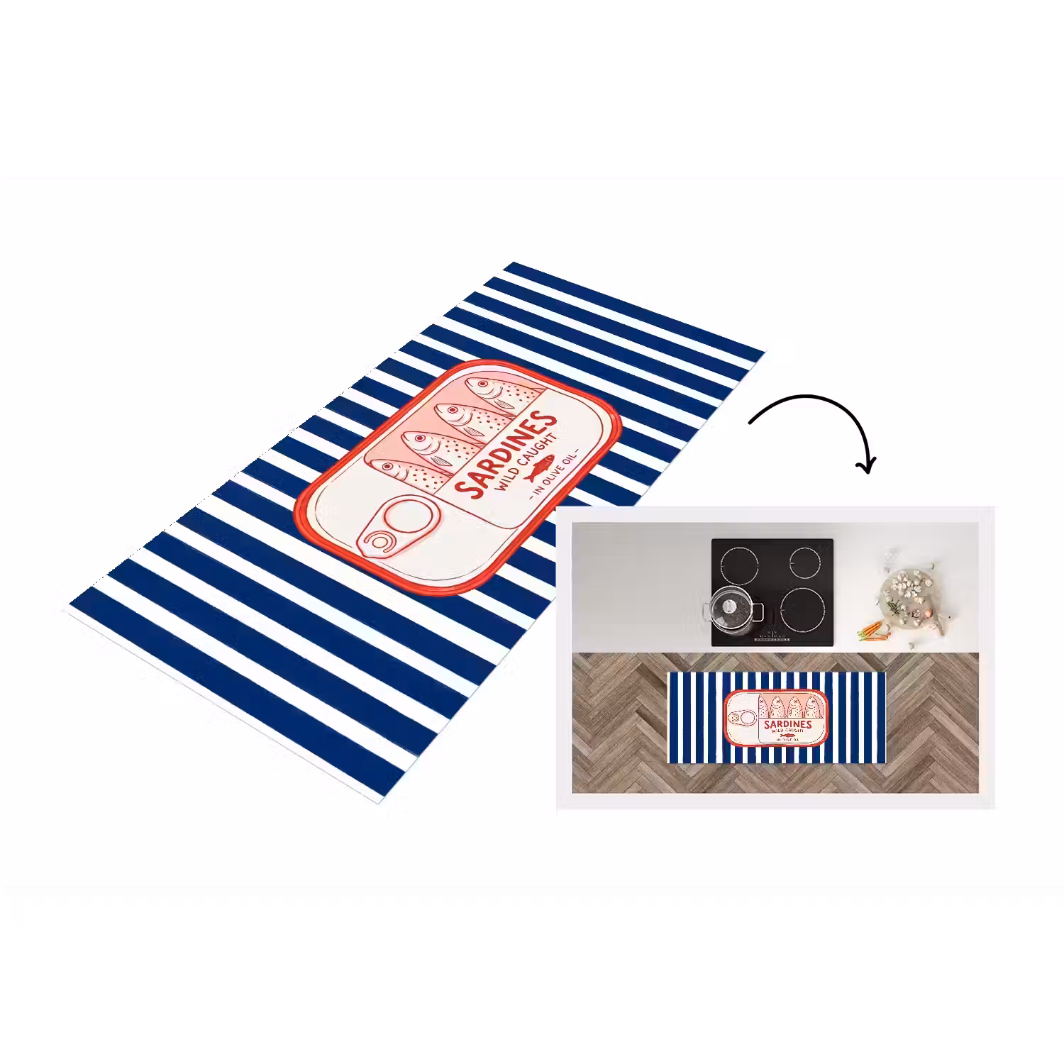Eten - Vis - Blik - Illustratie - Rood Keukenloper - keukenmat middel -3d