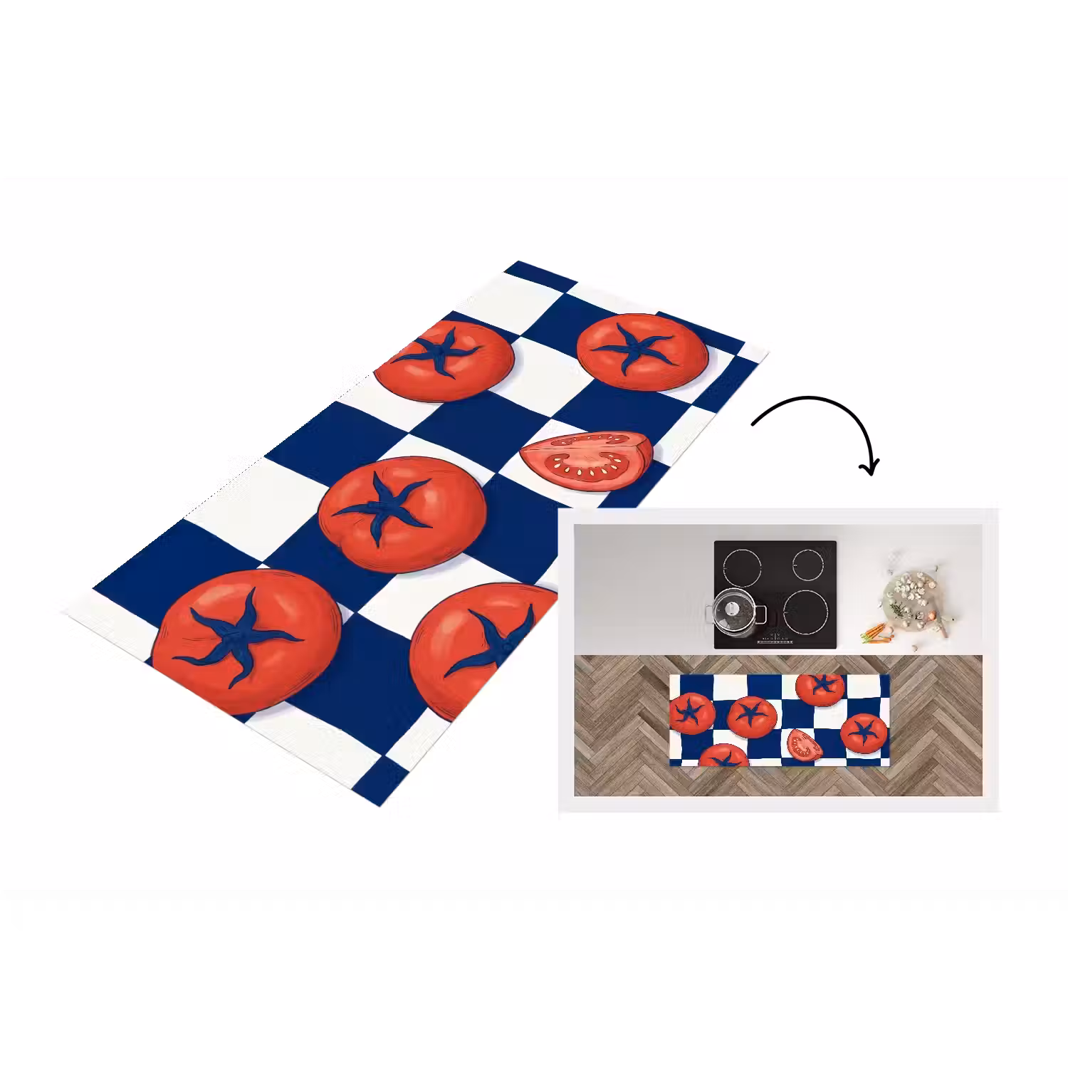 Eten - Tomaten - Keuken - Illustratie - Rood-Blauw Keukenloper - keukenmat middel -3d