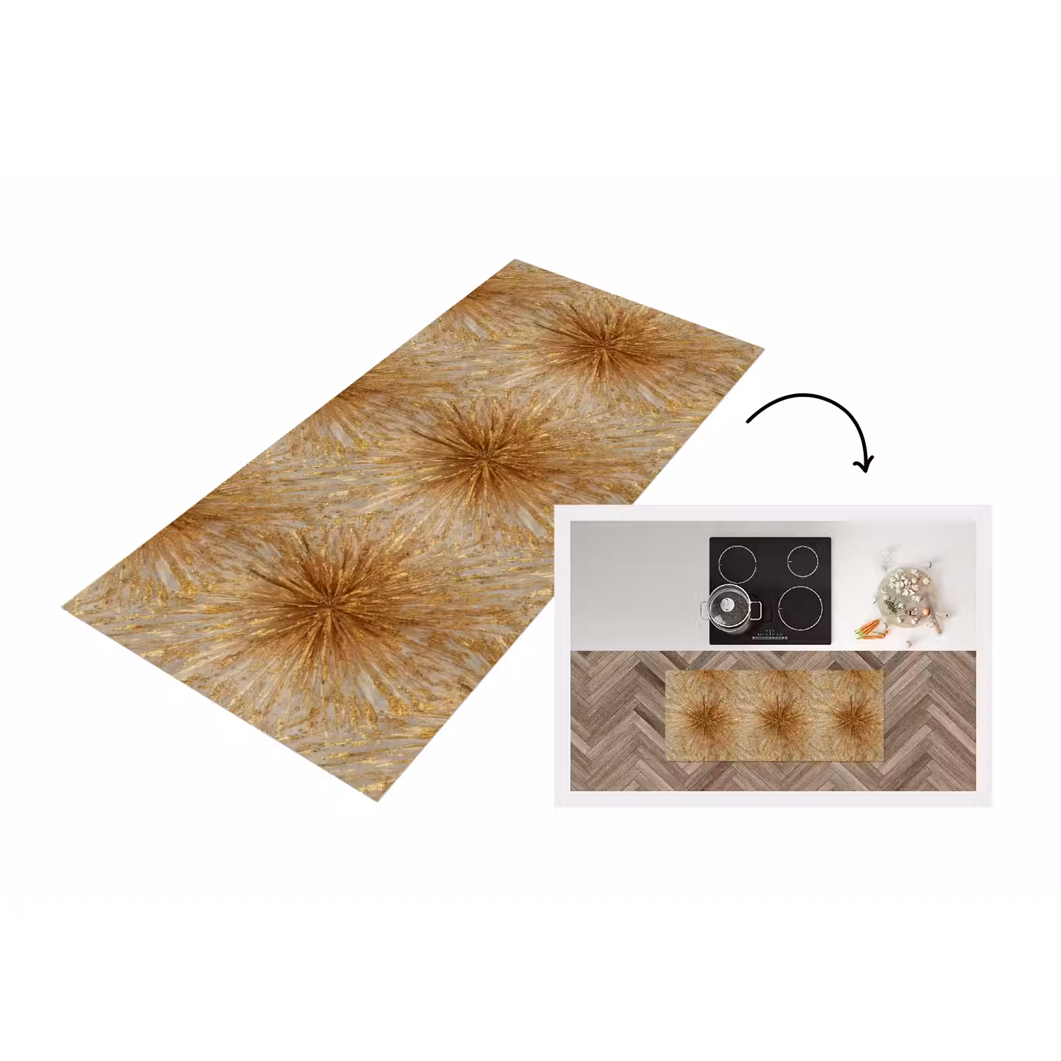 Explosie - Abstract - Goud - Wit Keukenloper - keukenmat middel 536 -3d