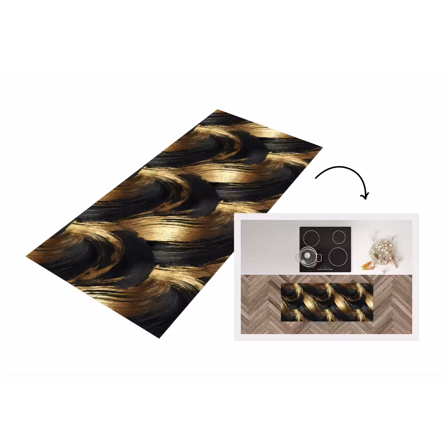 Verfstreken - Abstract - Goud - Zwart Keukenloper - keukenmat middel 536 -3d