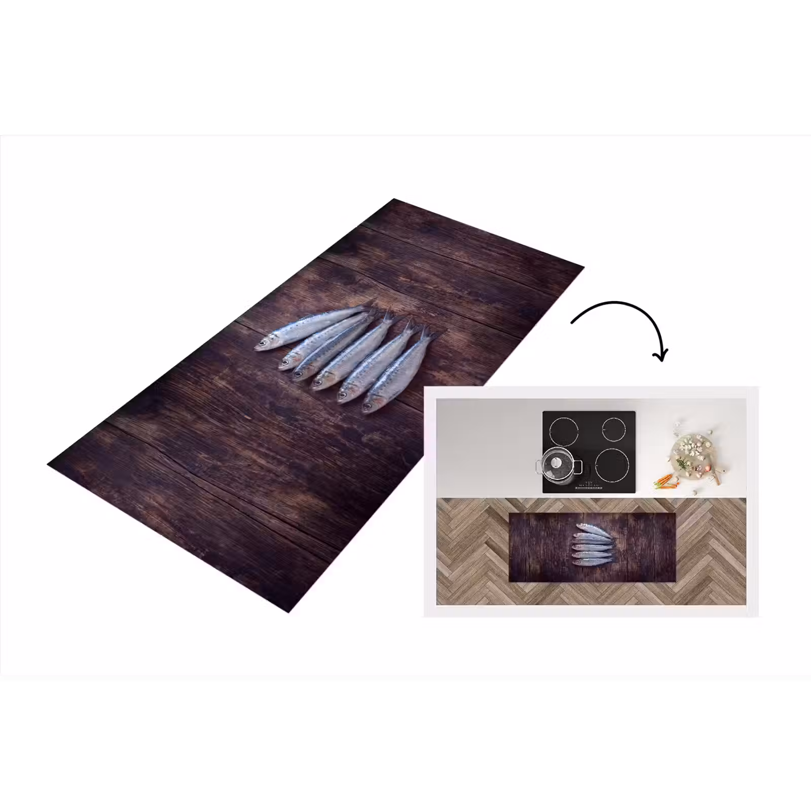Küchenläufer - Fisch – Holz – Essen - Vis - Hout - Eten Keukenloper - keukenmat middel