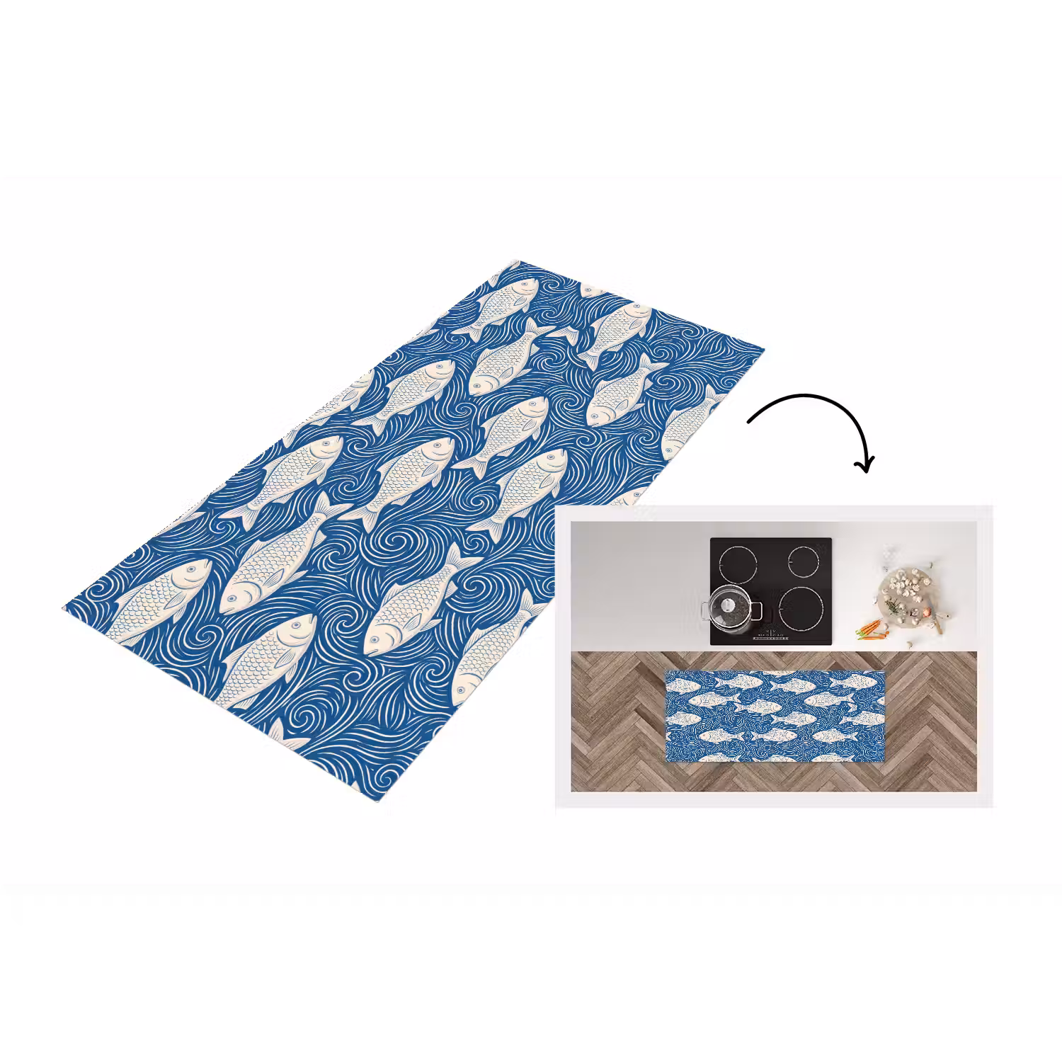 Vis - Water - Patroon - Grafisch - Blauw Keukenloper - keukenmat middel -3d