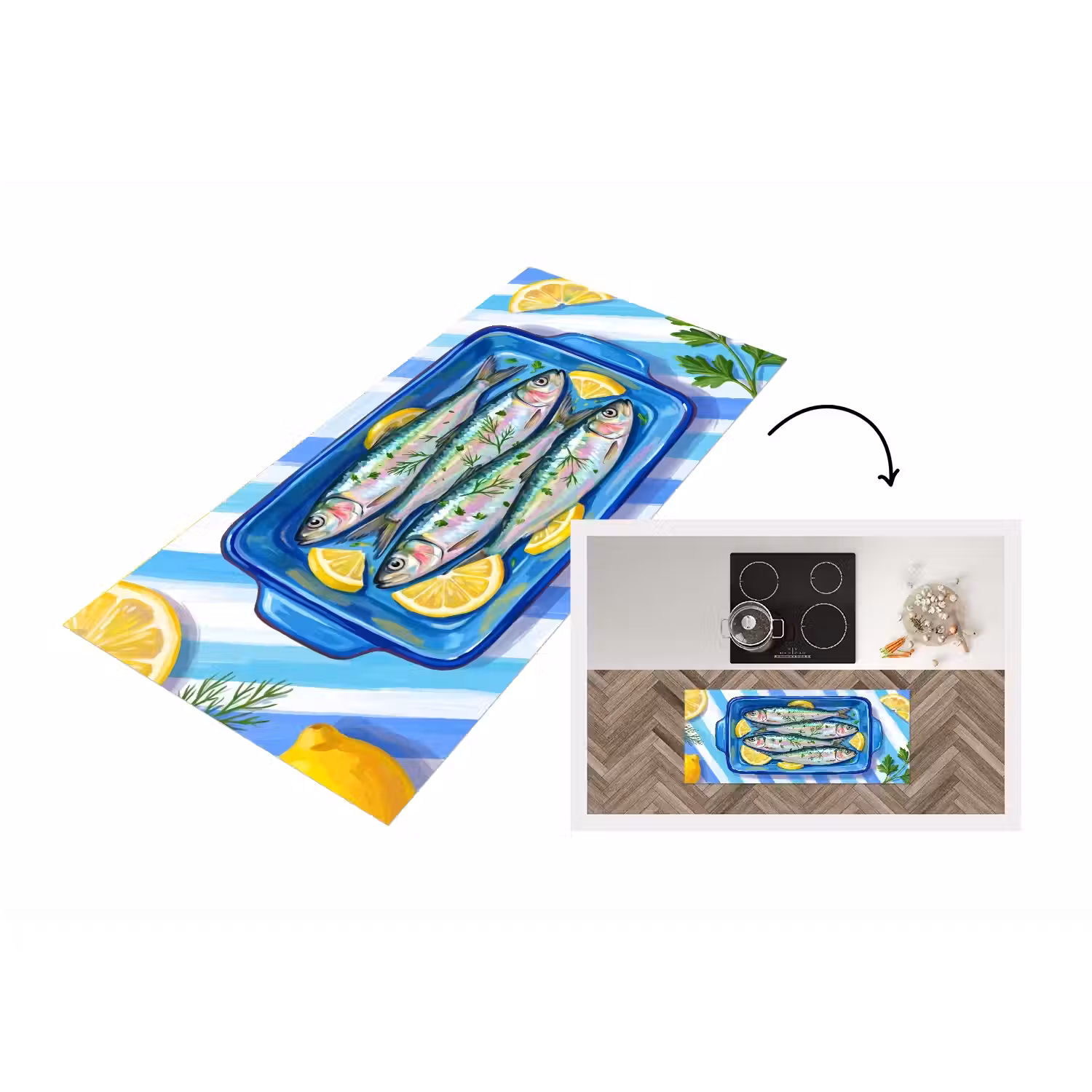 Vis - Citroen - Kruiden - Eten - Blauw Keukenloper - keukenmat middel -3d