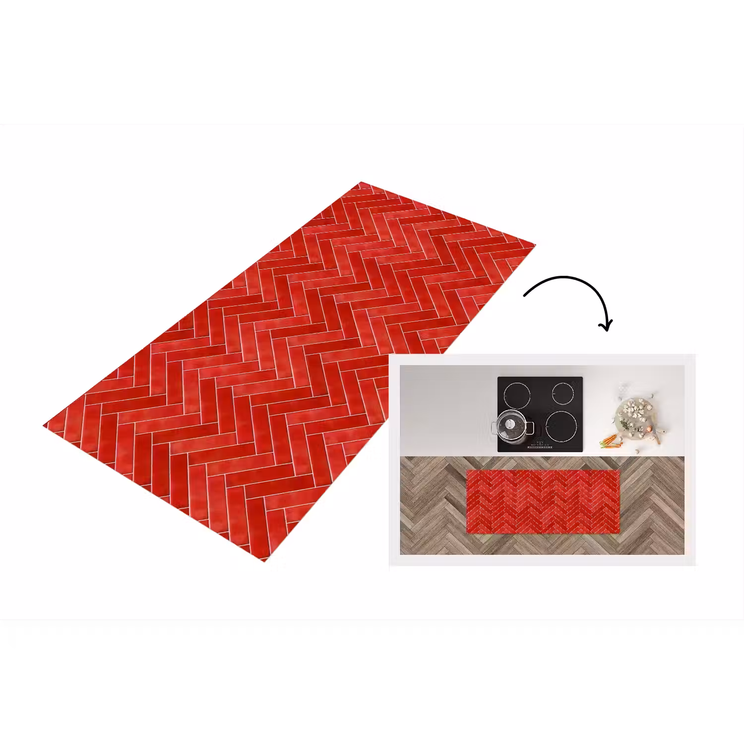 Visgraat - Tegel - Rood Keukenloper - keukenmat middel 536 -3d