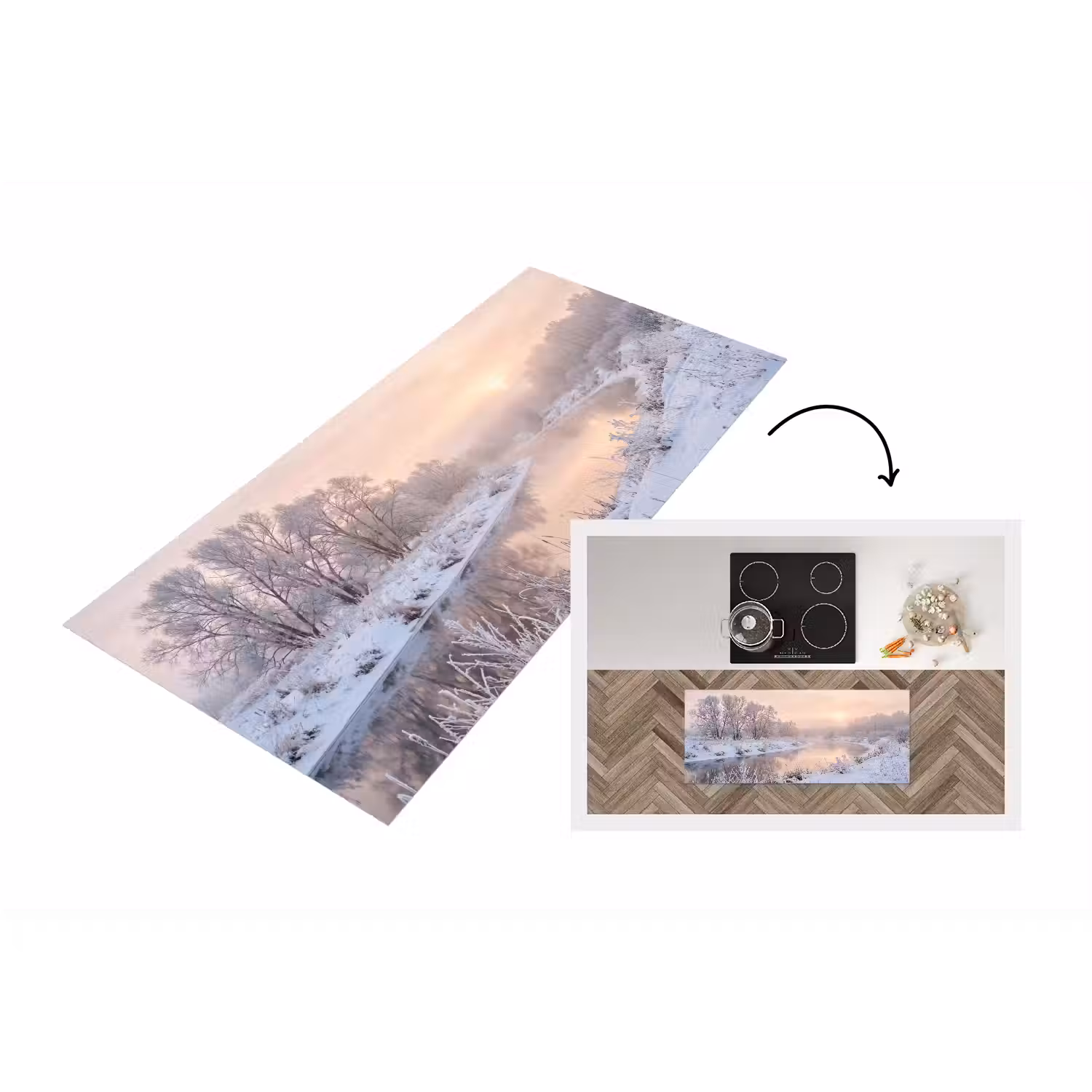 Rivier - Winter - Landschap - Sneeuw - Zonsopgang Keukenloper - keukenmat middel -3d