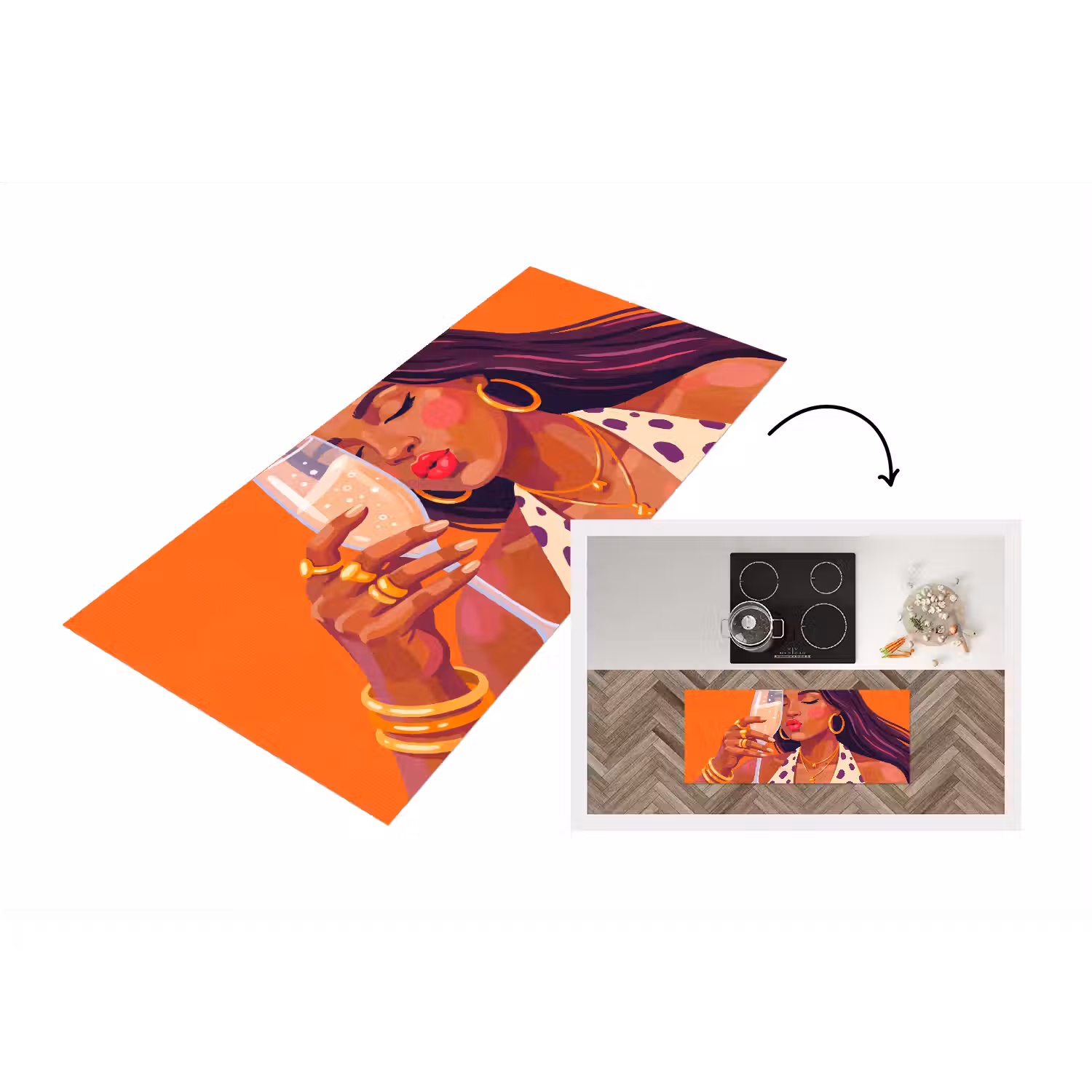 Vrouw - Champagne - Feest - Modern - Oranje Keukenloper - keukenmat middel -3d