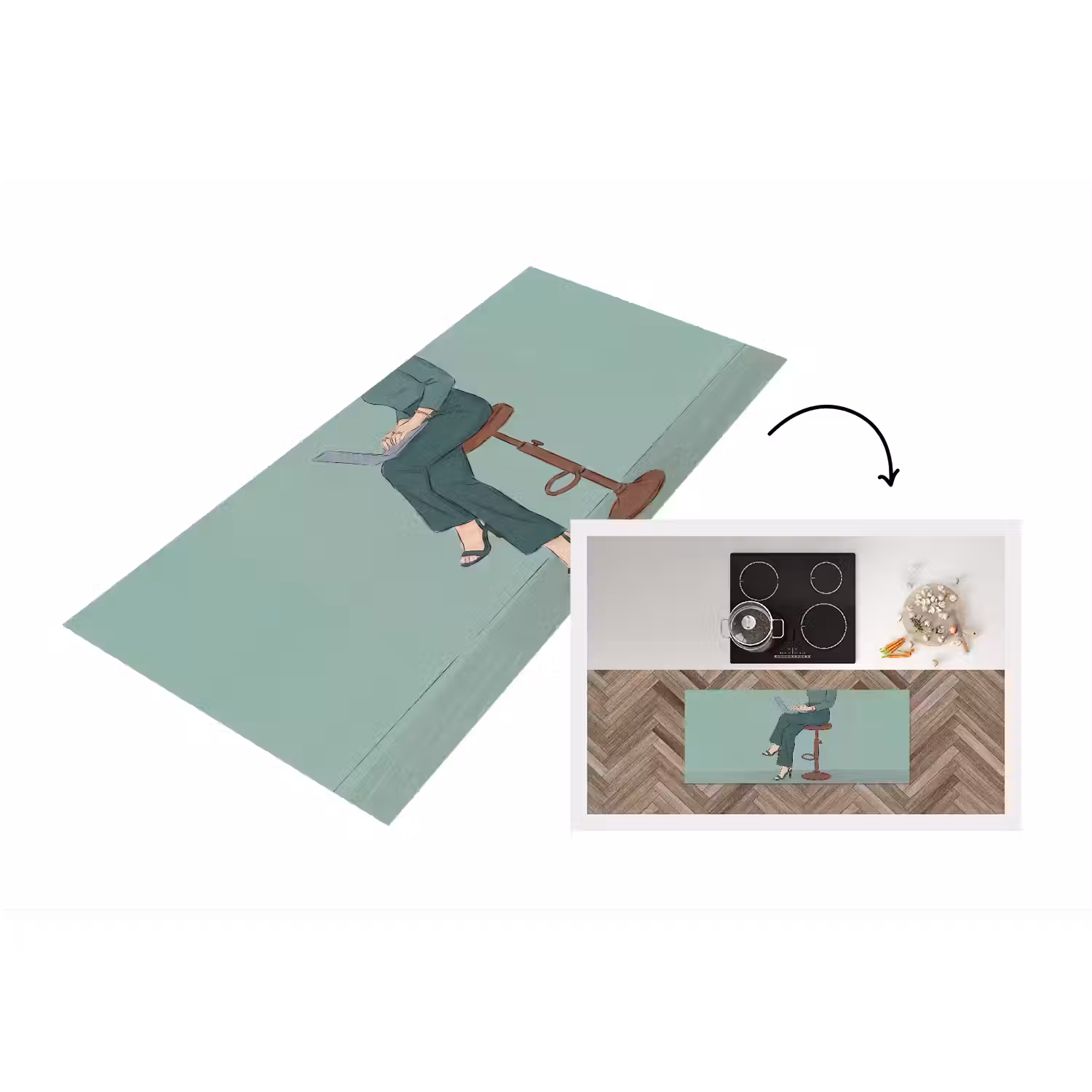 Vrouw - Laptop - Zittend - Illustratie - Groen Keukenloper - keukenmat middel -3d