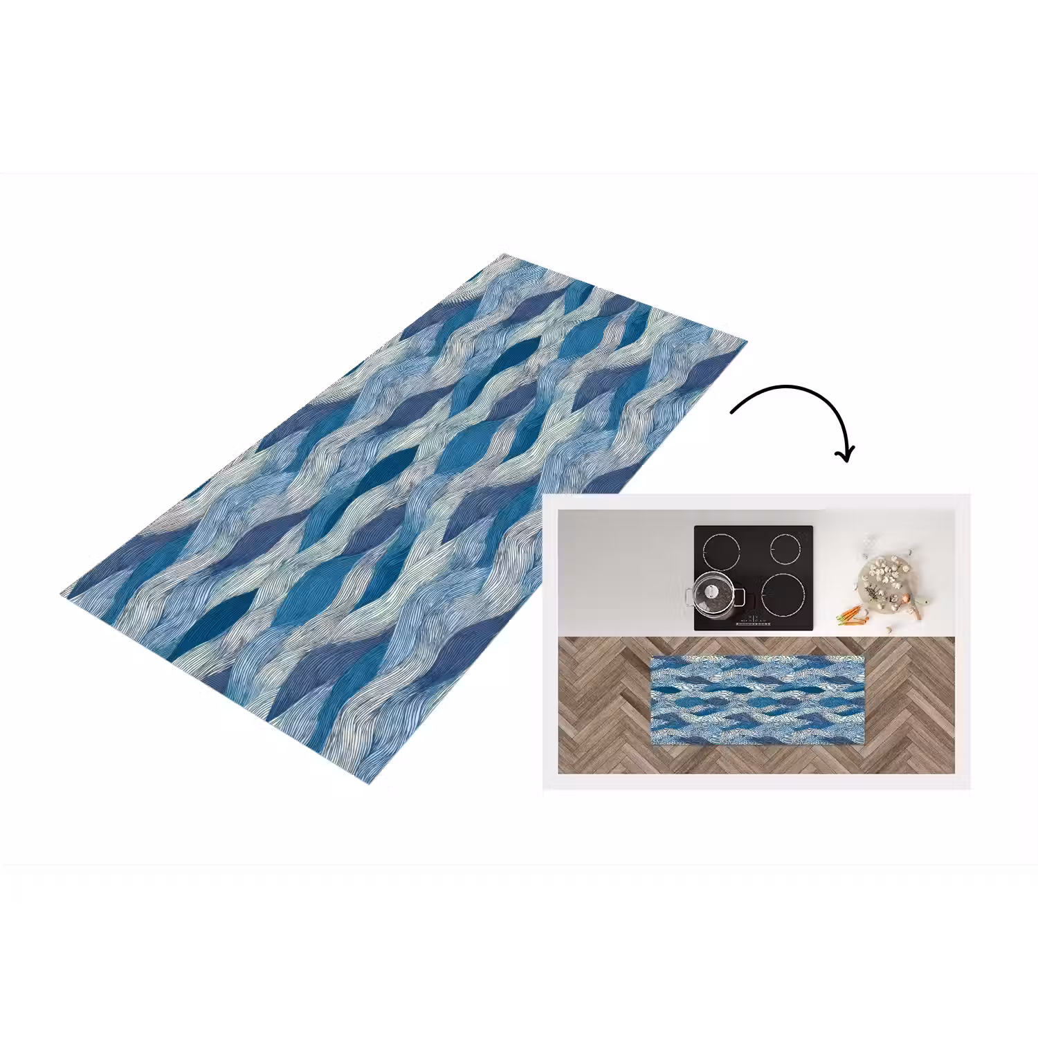 Getekend - Blauw - Wit - Golvend - Streepjes Keukenloper - keukenmat middel 536 -3d