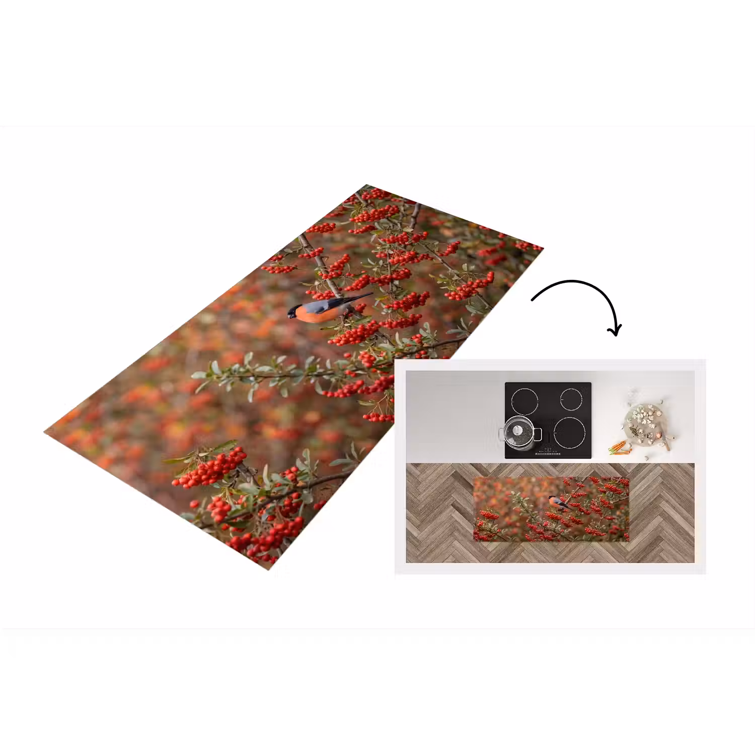 Goudvink - Bessen - Herfst - Natuur - Kleurrijk Keukenloper - keukenmat middel -3d