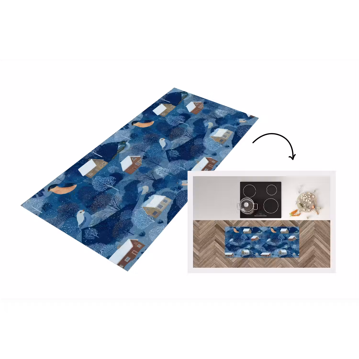 Huisjes - Vogels - Sneeuw - Winter - Blauw Keukenloper - keukenmat middel 536 -3d