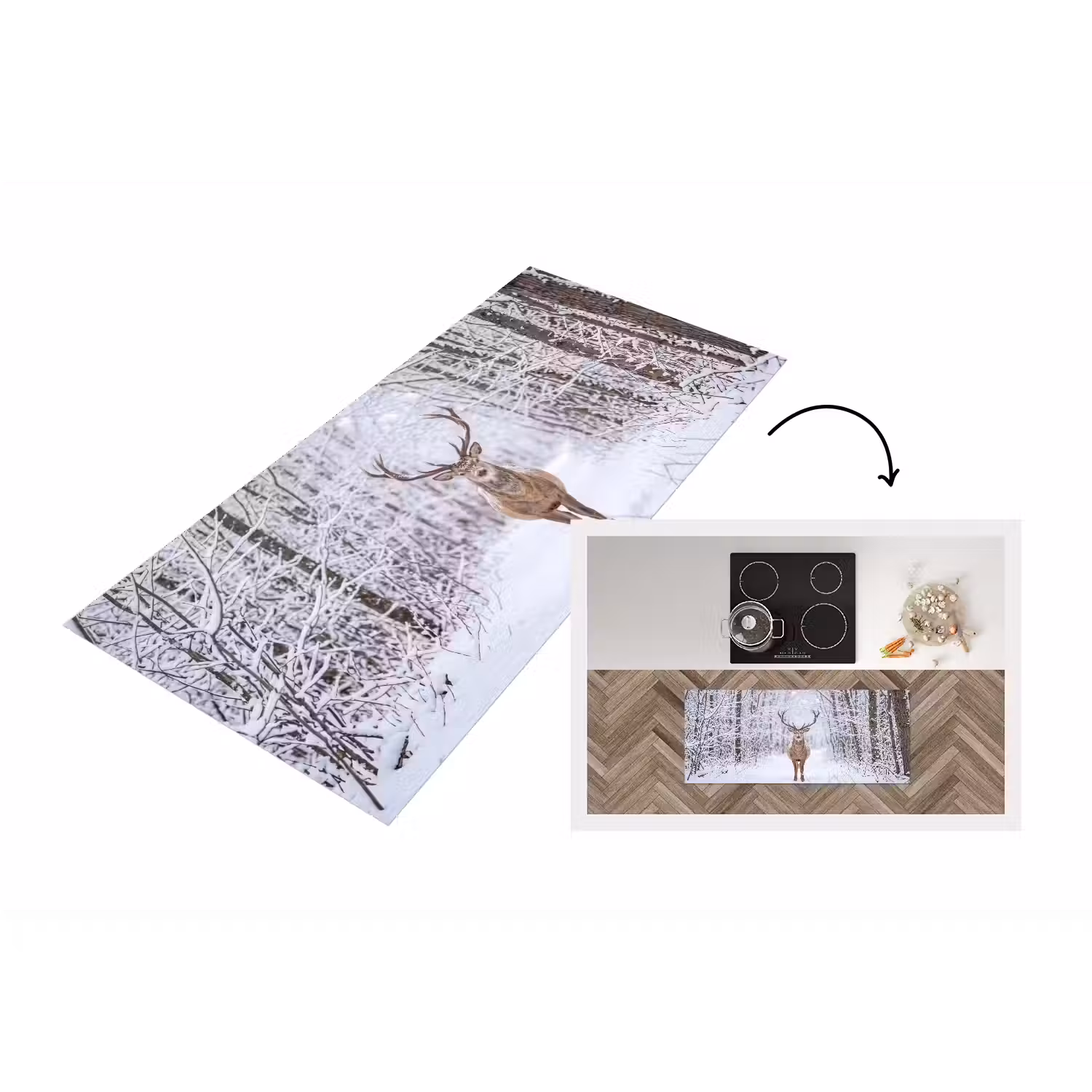 Hert - Winter - Bos - Natuur - Wit Keukenloper - keukenmat middel -3d