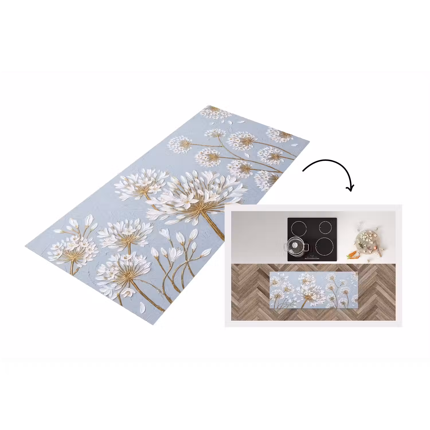 Illustratie - Bloemen - Blauw Keukenloper - keukenmat middel -3d