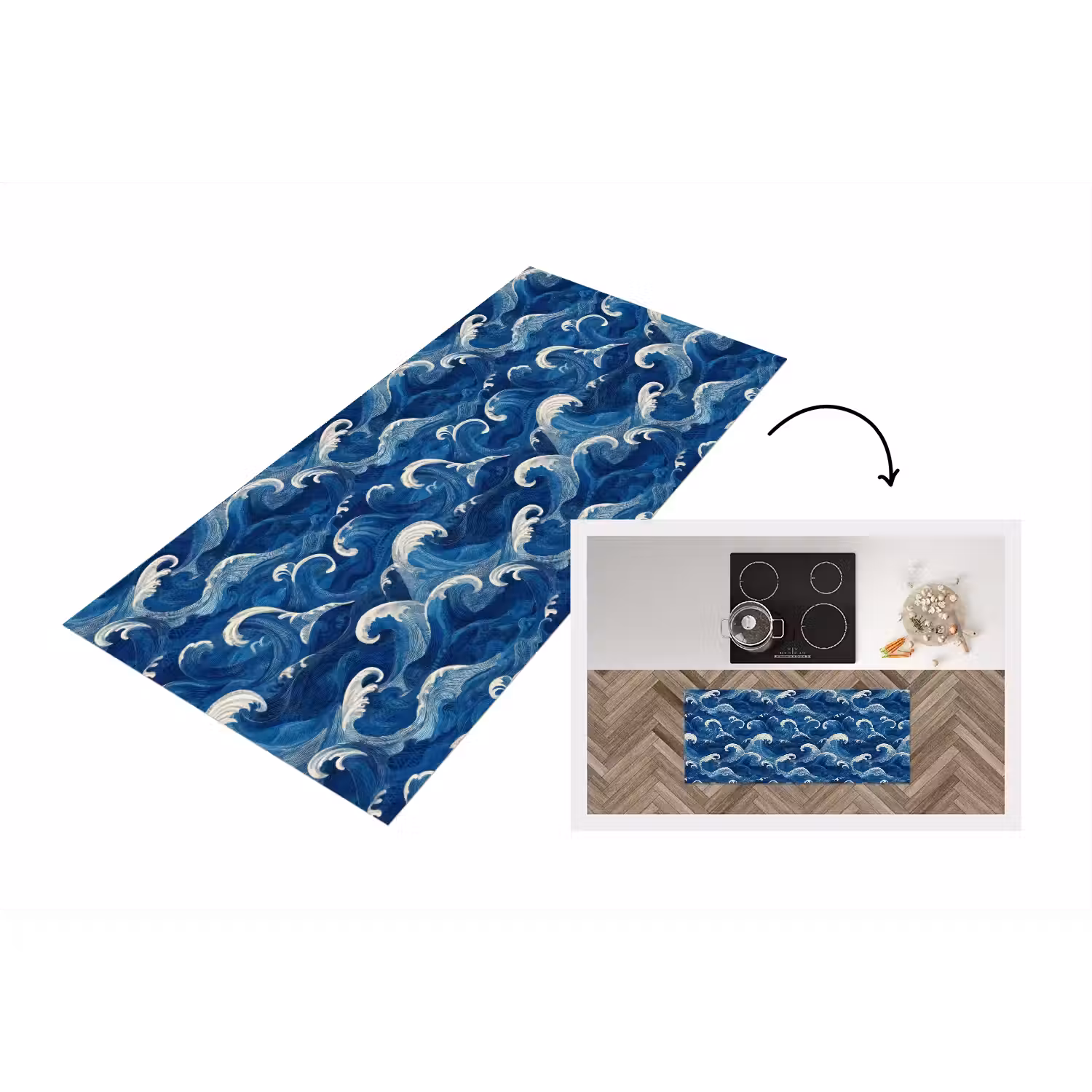 Japans - Oceaan - Golven - Blauw Keukenloper - keukenmat middel 536 -3d