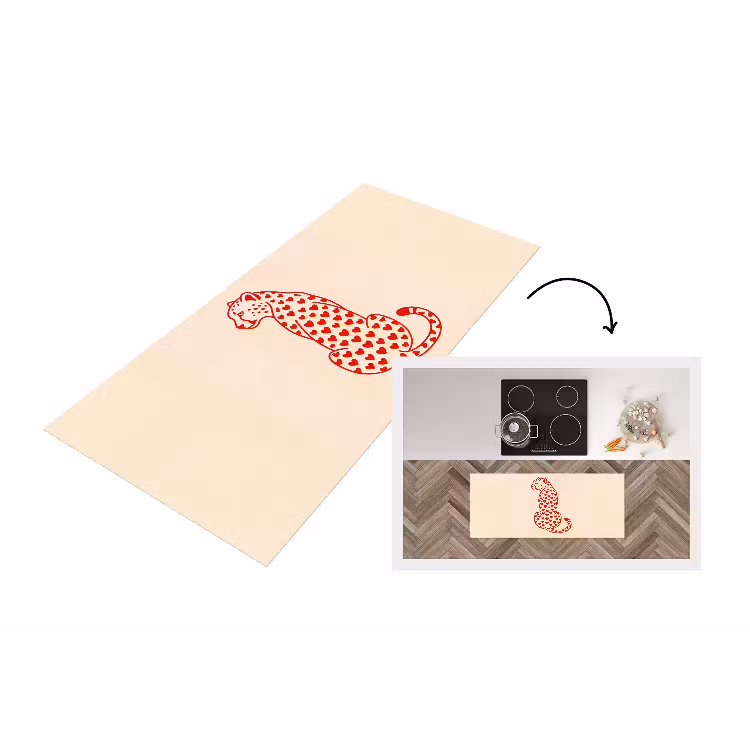 Kat - Harten - Dieren - Modern - Rood Keukenloper - keukenmat middel -3d