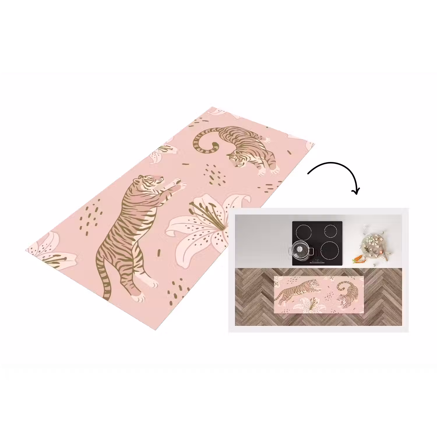 Kat - Springend - Bloemen - Abstract - Roze Keukenloper - keukenmat middel -3d