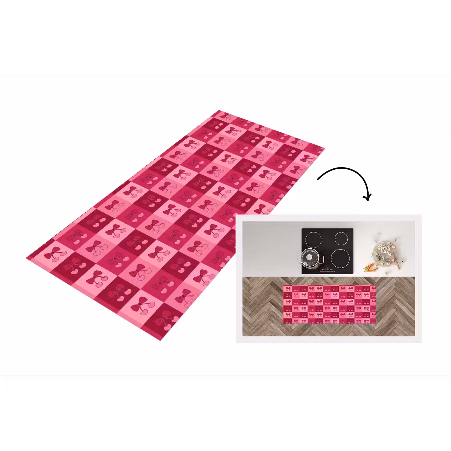 Kersen - Strikjes - Speels - Roze - Bordeaux Keukenloper - keukenmat middel 536 -3d
