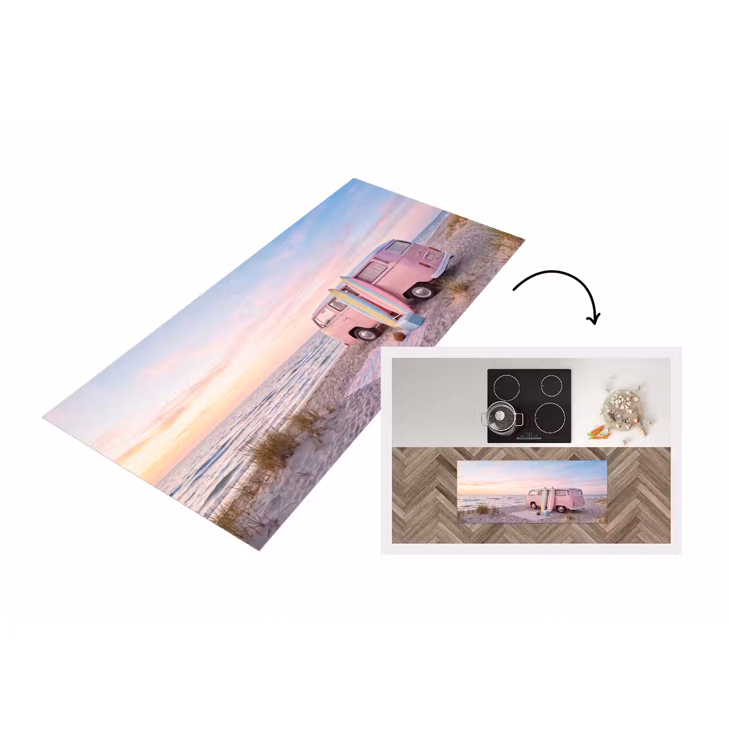Busje - Strand - Surfplank - Zomer - Roze Keukenloper - keukenmat middel -3d
