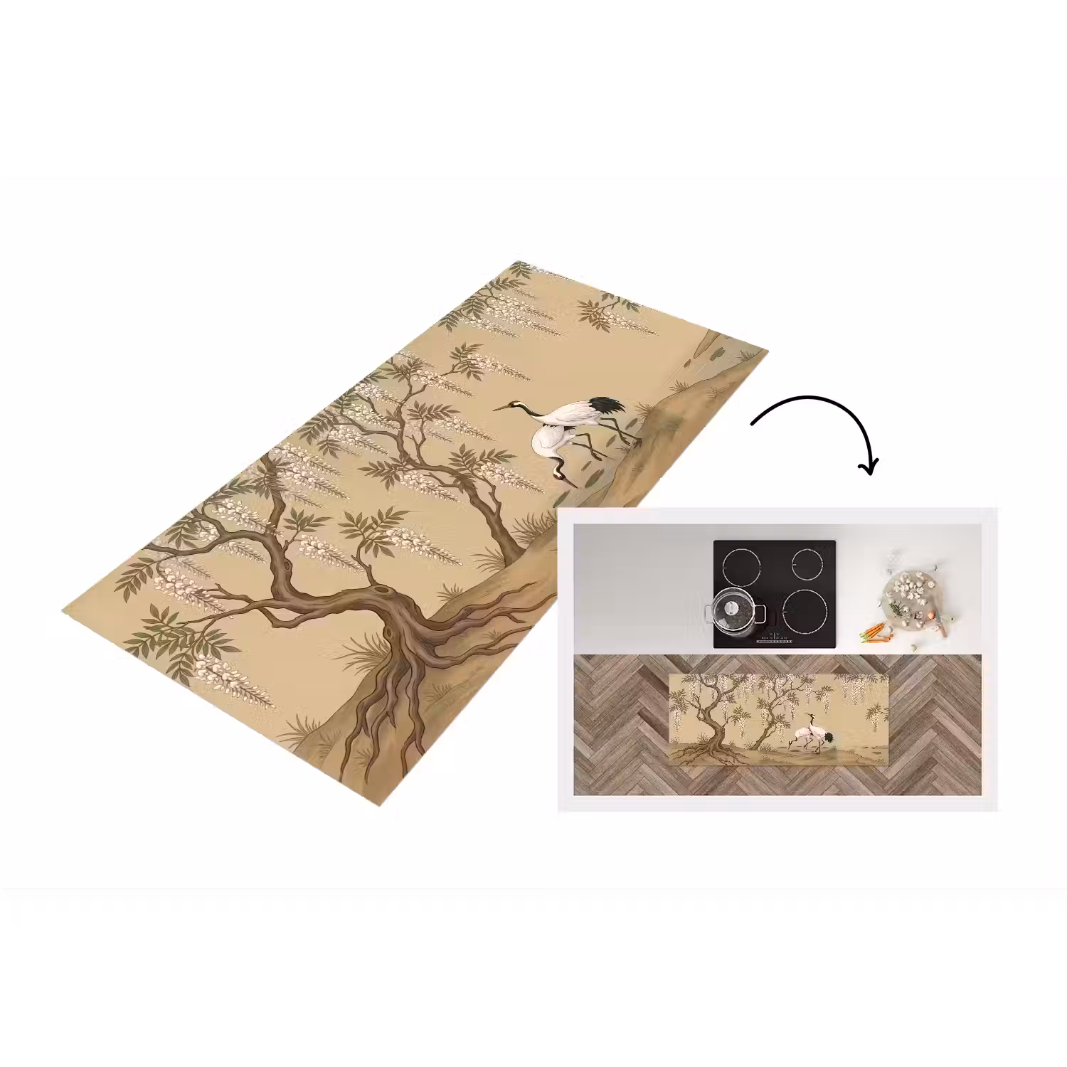 Kraanvogels - Water - Beige Keukenloper - keukenmat middel -3d