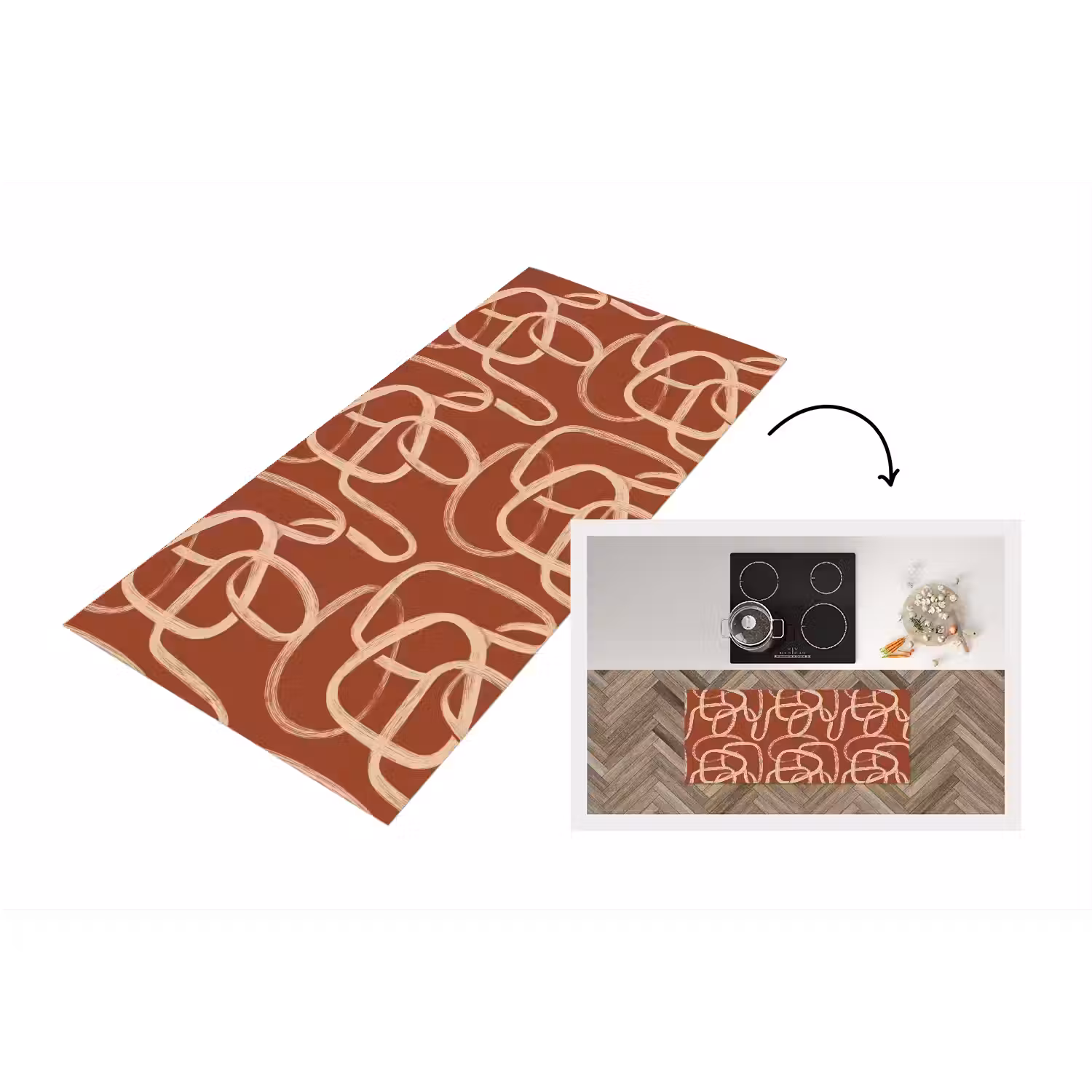 Lijnen - Abstract - Organisch - Terracotta - Crème Keukenloper - keukenmat middel 536 -3d