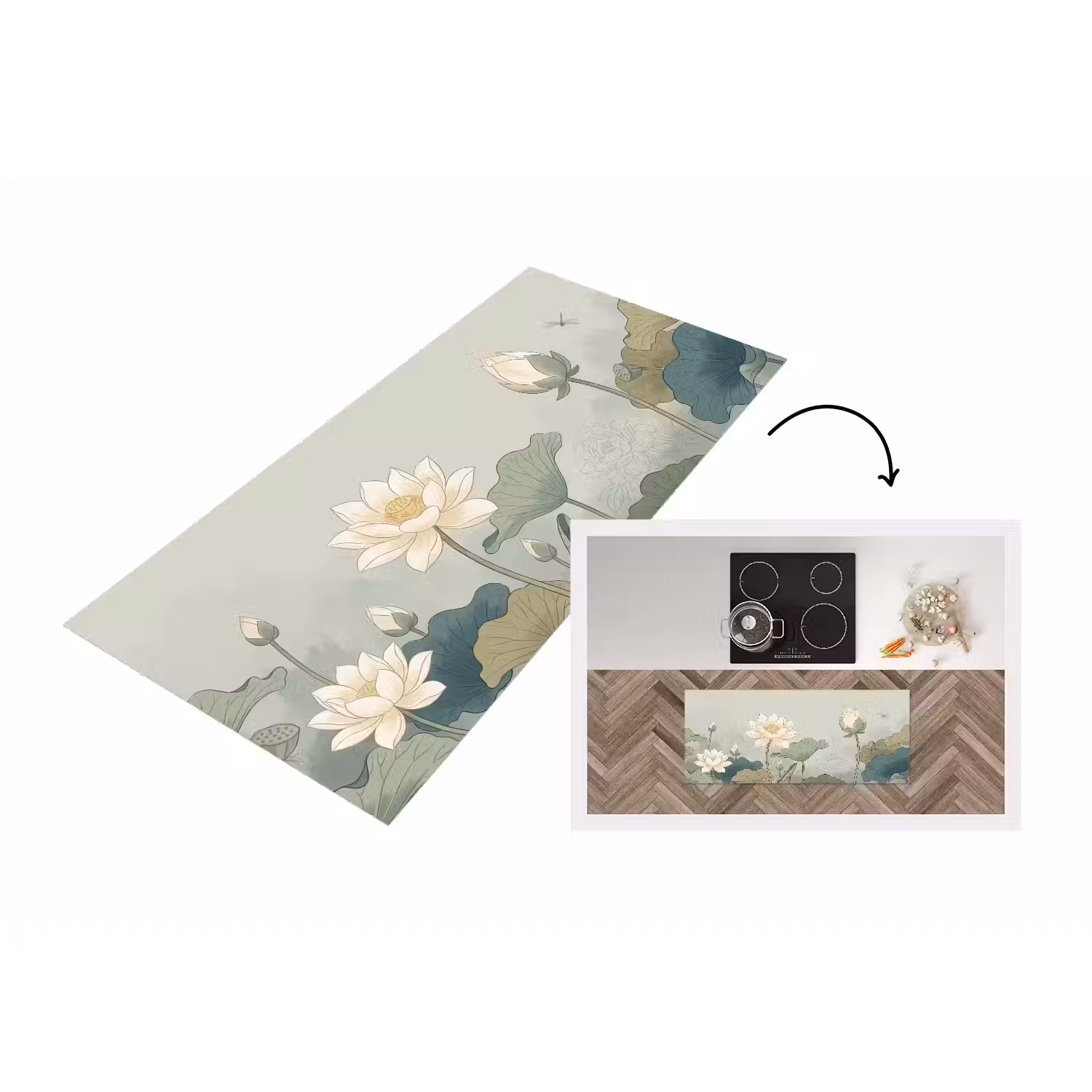 Lotus - Bloemen - Groen Keukenloper - keukenmat middel -3d
