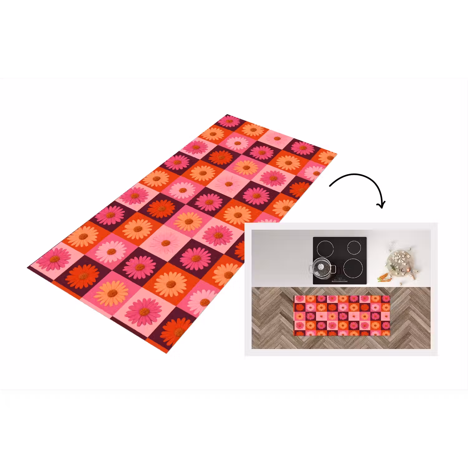 Madeliefjes - Dambord - Retro - Roze - Oranje Keukenloper - keukenmat middel 536 -3d