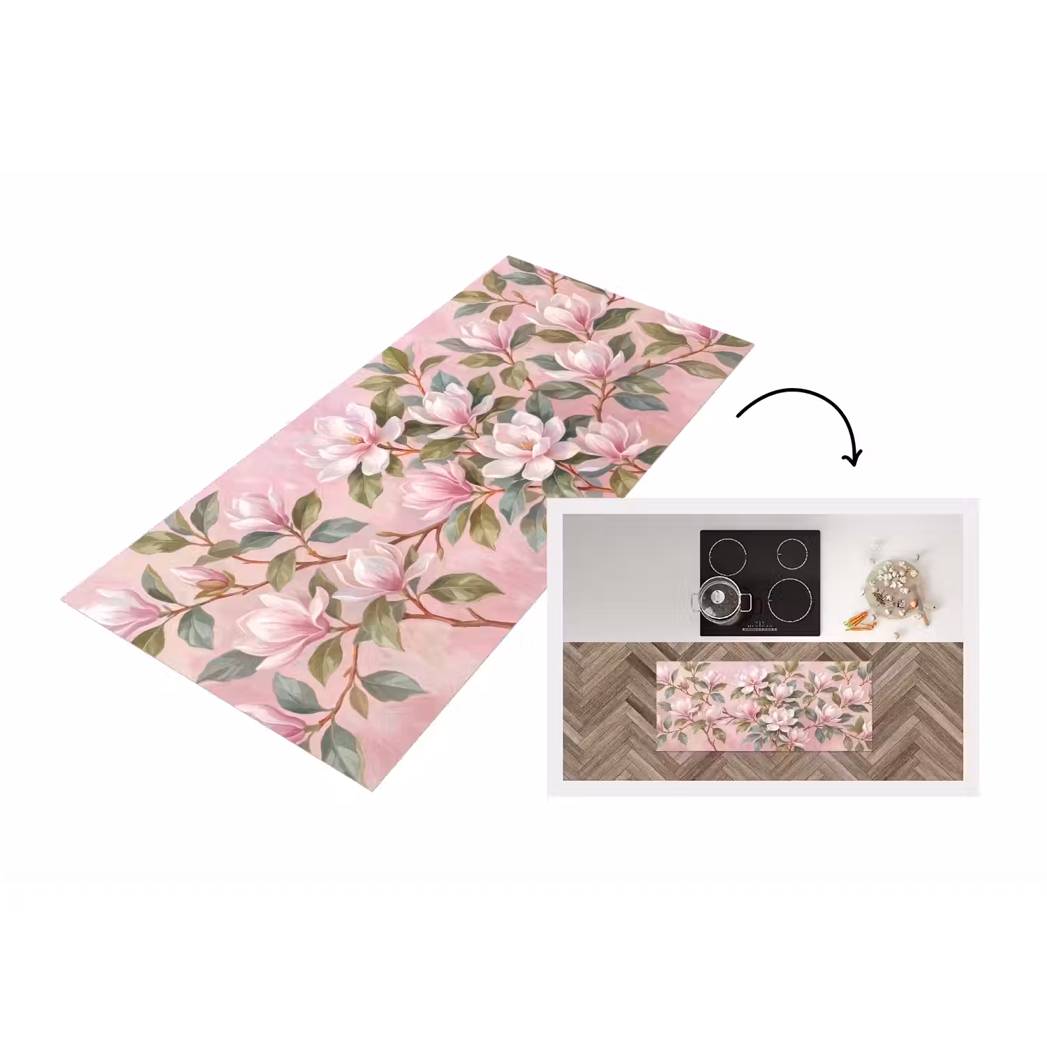 Magnolia's - Patroon - Roze Keukenloper - keukenmat middel -3d