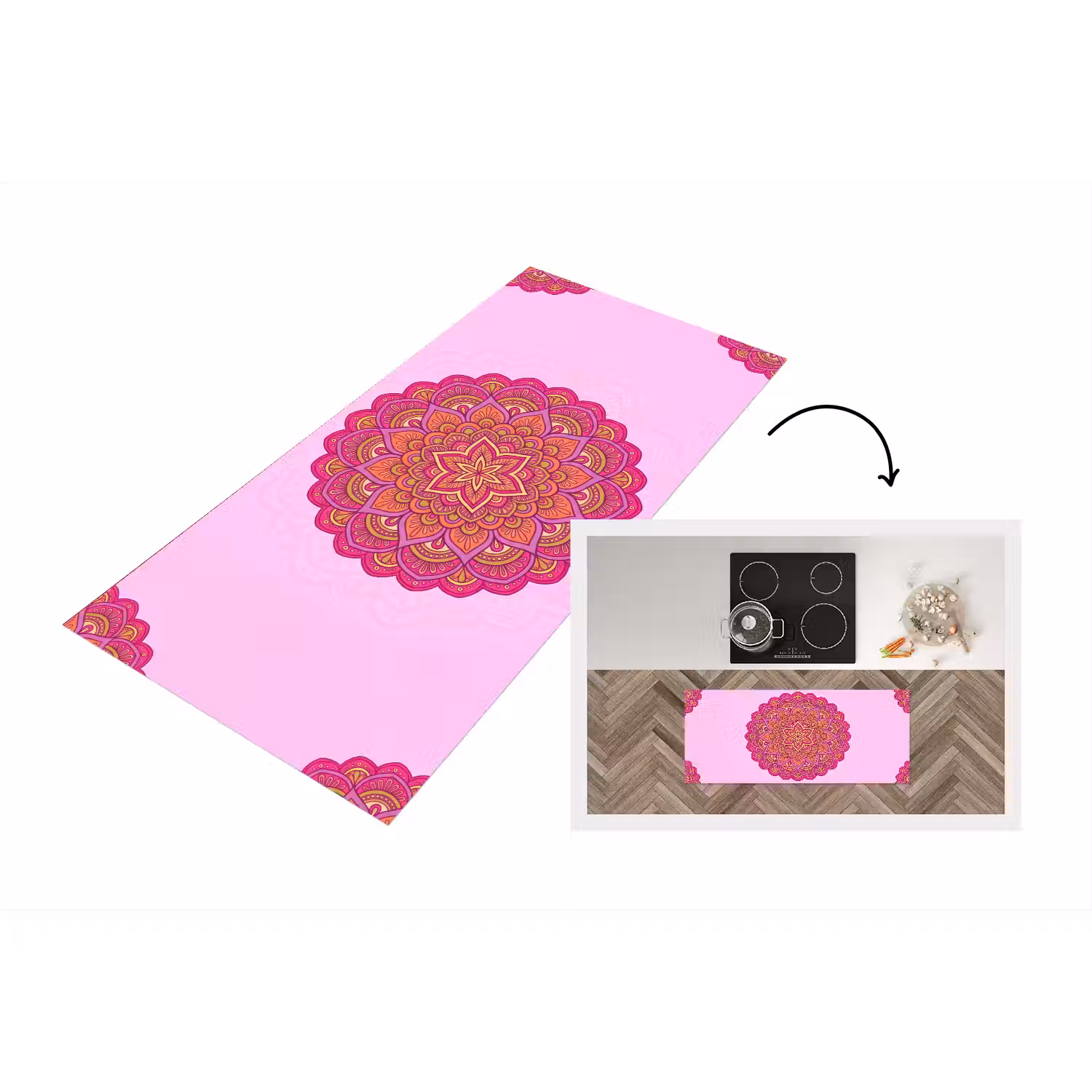 Mandala - Cirkel - Spiritueel - Oosters - Roze Keukenloper - keukenmat middel -3d