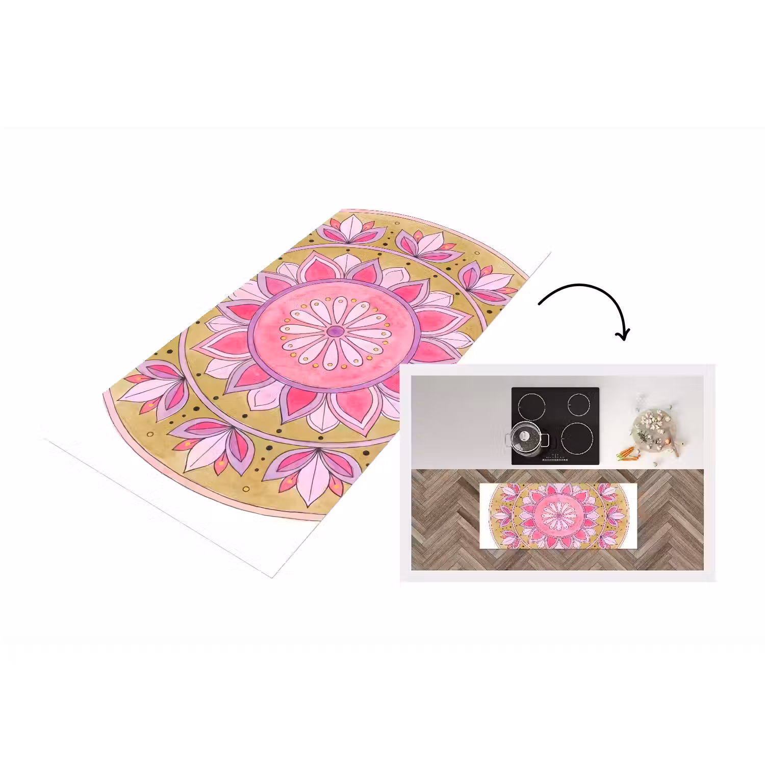Mandala - Patroon - Kunst - Aquarel - Roze Keukenloper - keukenmat middel -3d