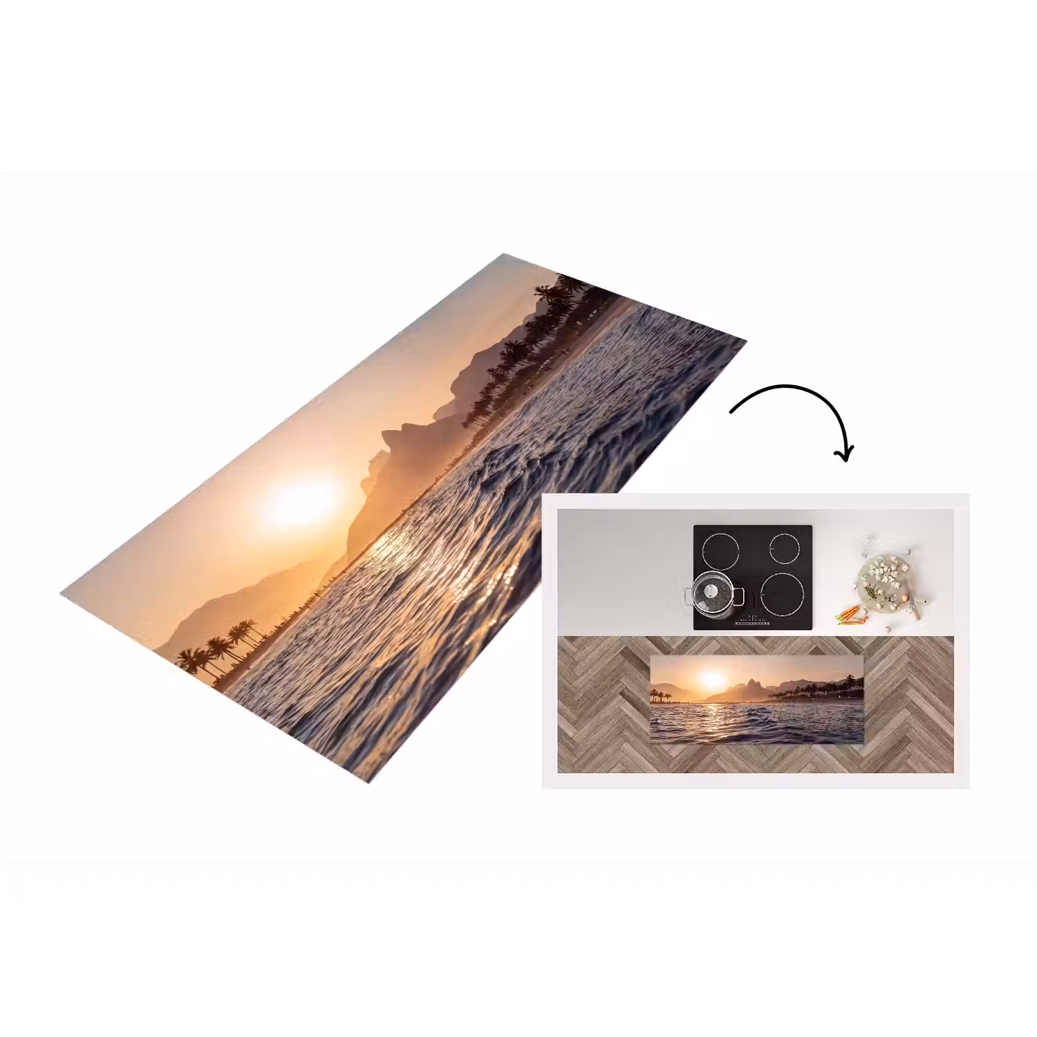 Zee - Golven - Zonsondergang - Kust - Goud Keukenloper - keukenmat middel -3d