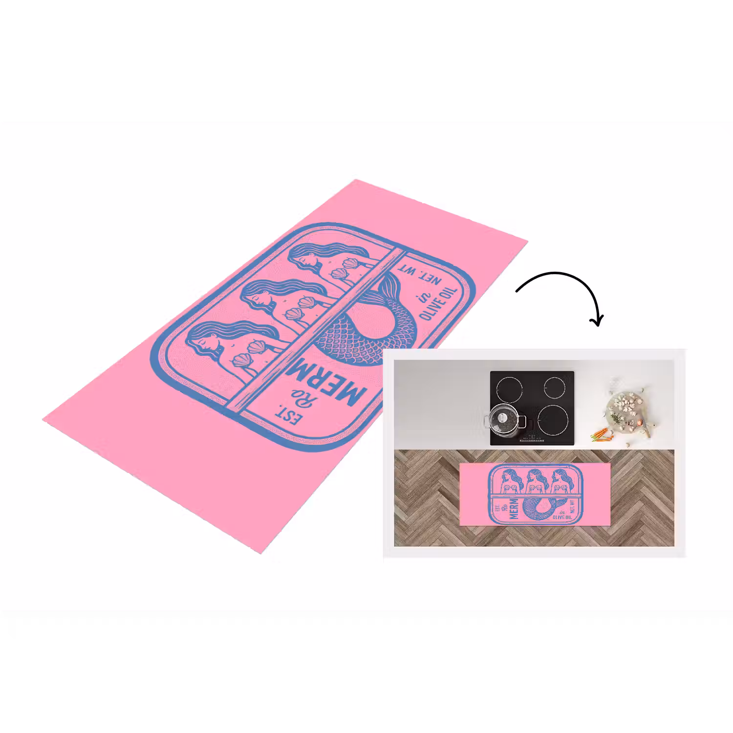 Meermin - Sardineblik - Illustratie - Roze - Retro Keukenloper - keukenmat middel -3d
