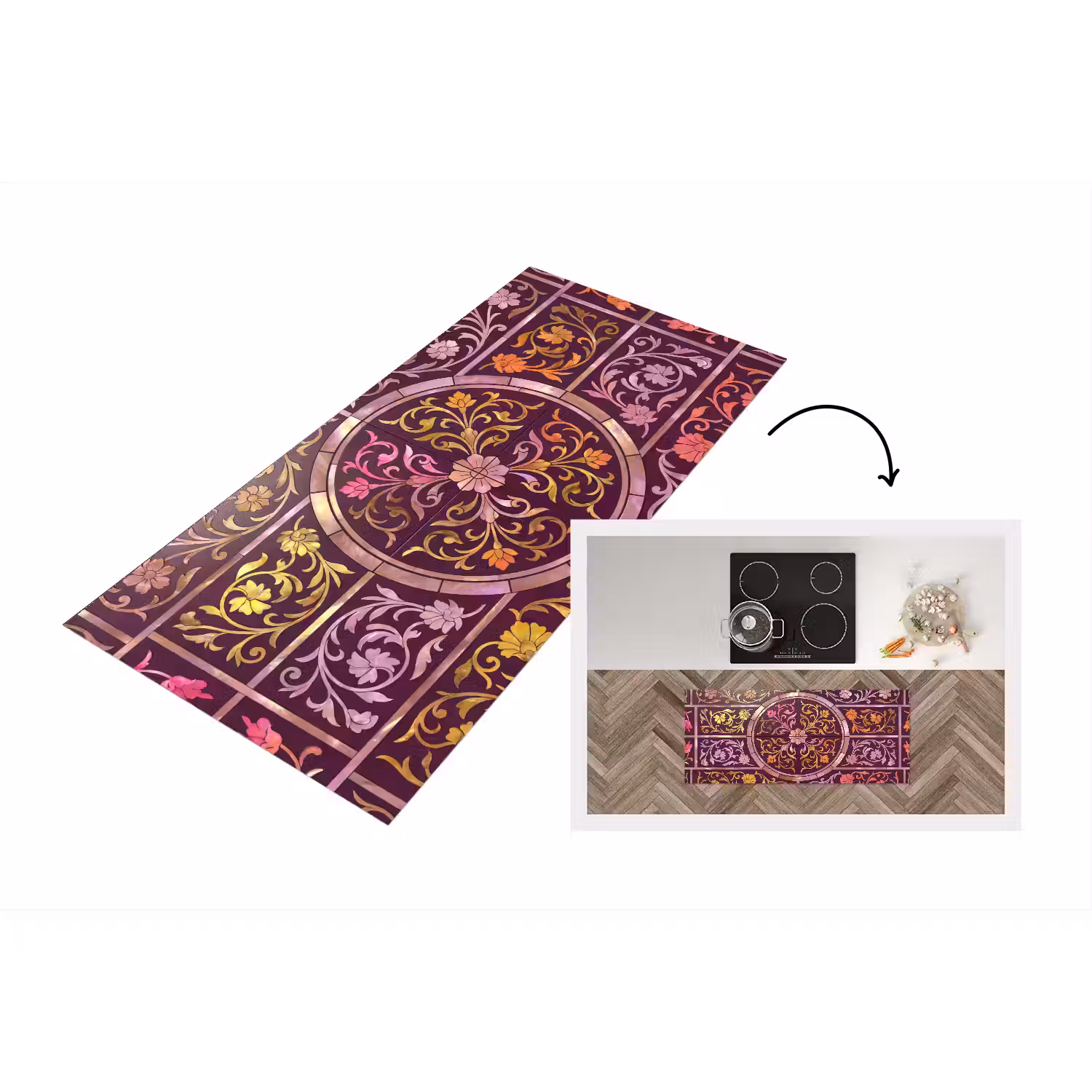 Patroon - Floraal - Oosters - Paars - Goud Keukenloper - keukenmat middel -3d