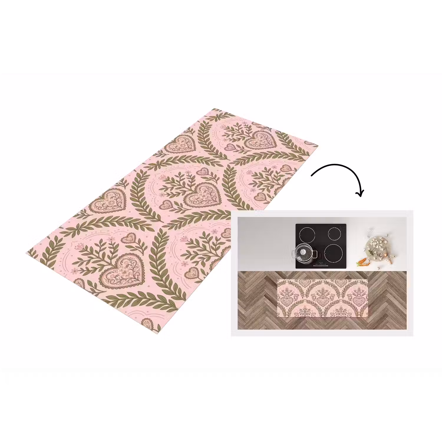 Patroon - Hart - Bloemen - Folkloristisch - Roze Keukenloper - keukenmat middel -3d
