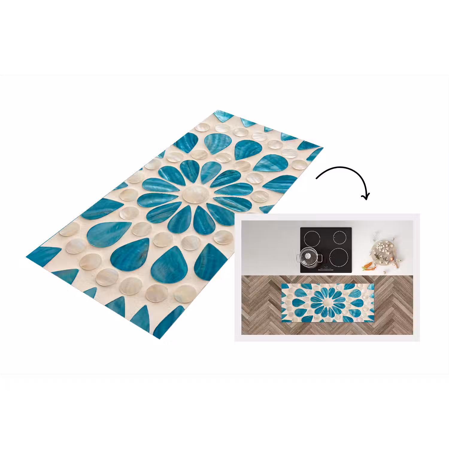 Patroon - Mozaïek - Schelpen - Abstract - Turquoise Keukenloper - keukenmat middel -3d