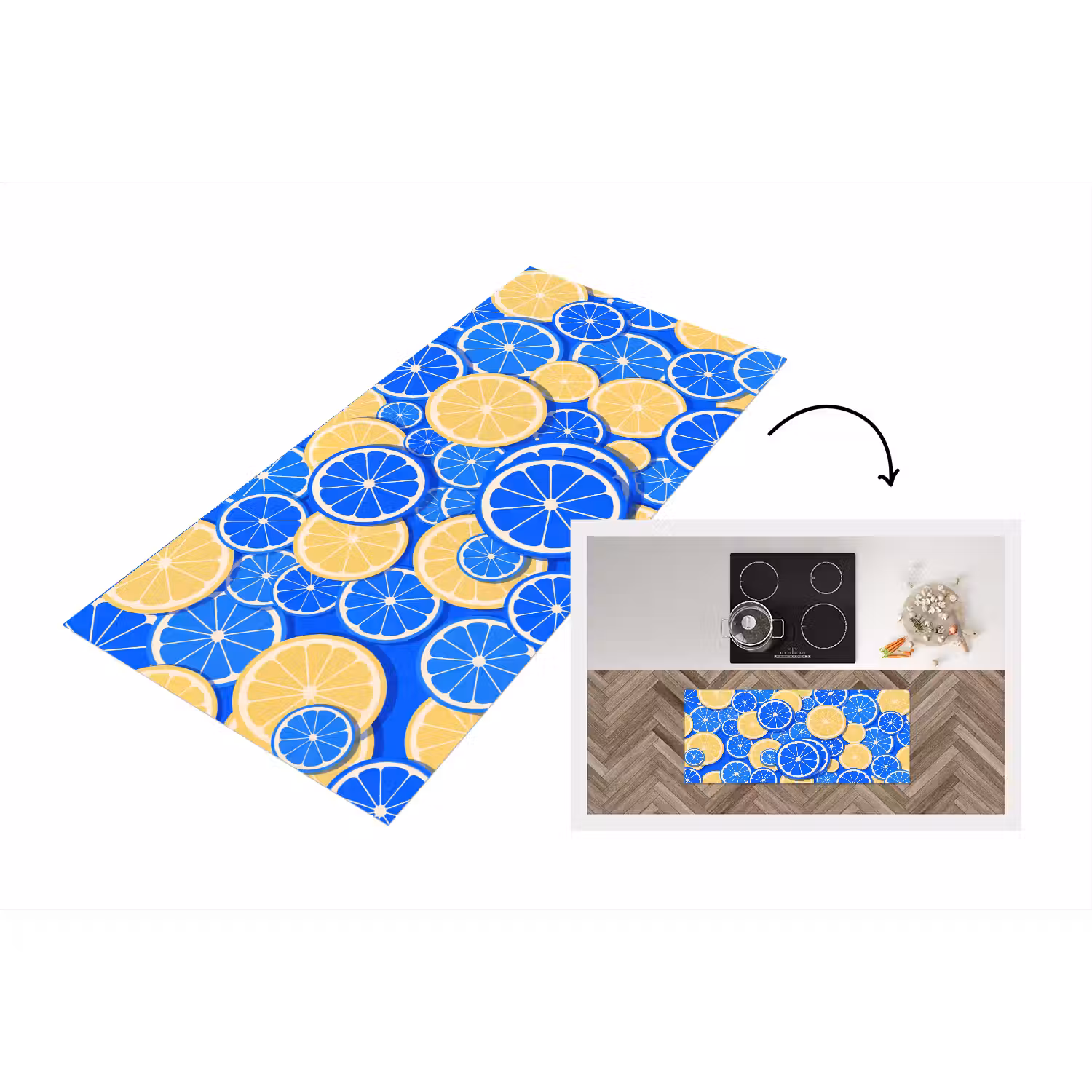 Fruit - Schijven - Patroon - Modern - Blauw - Geel Keukenloper - keukenmat middel -3d