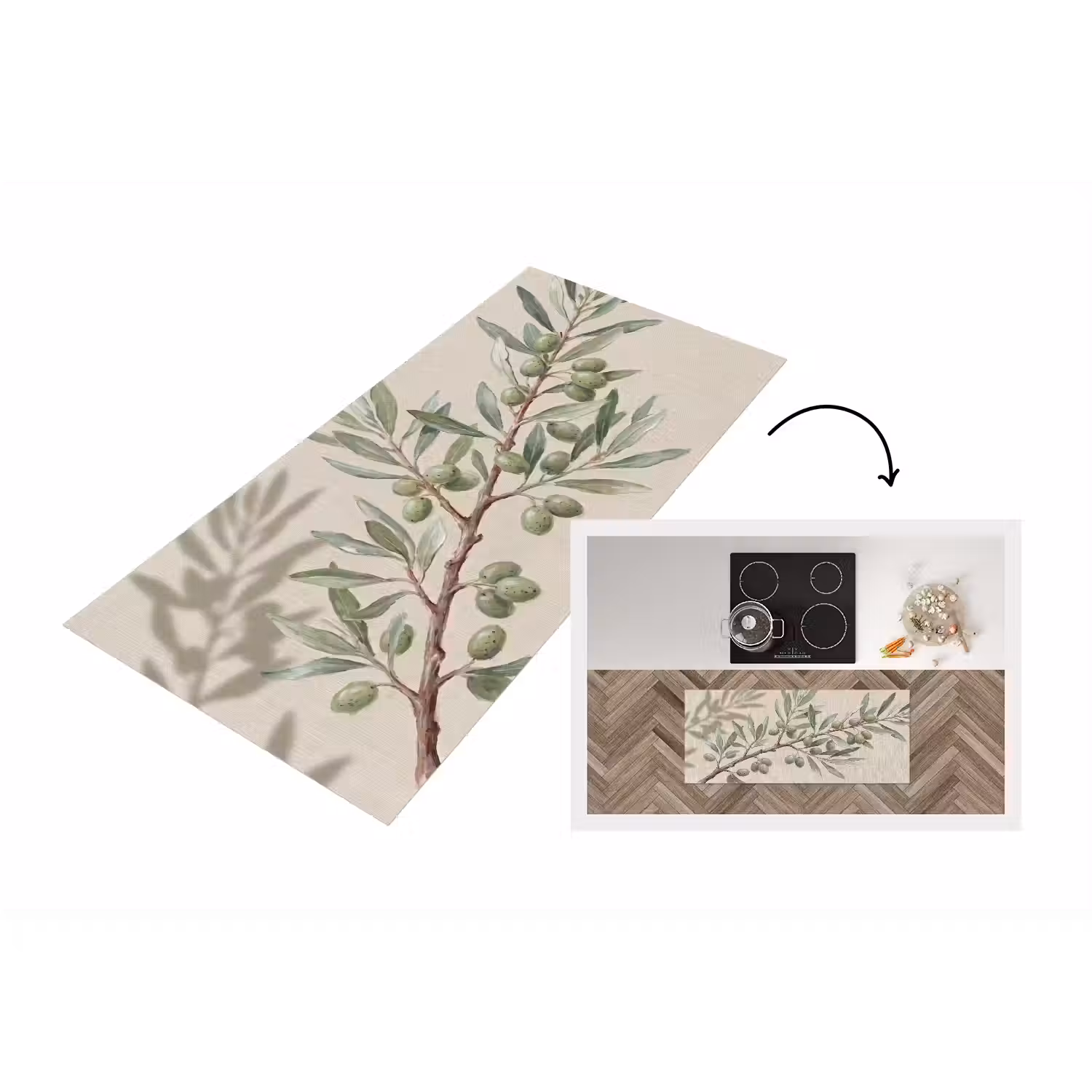 Olijftak - Bladeren - Natuur - Groen - Beige Keukenloper - keukenmat middel -3d