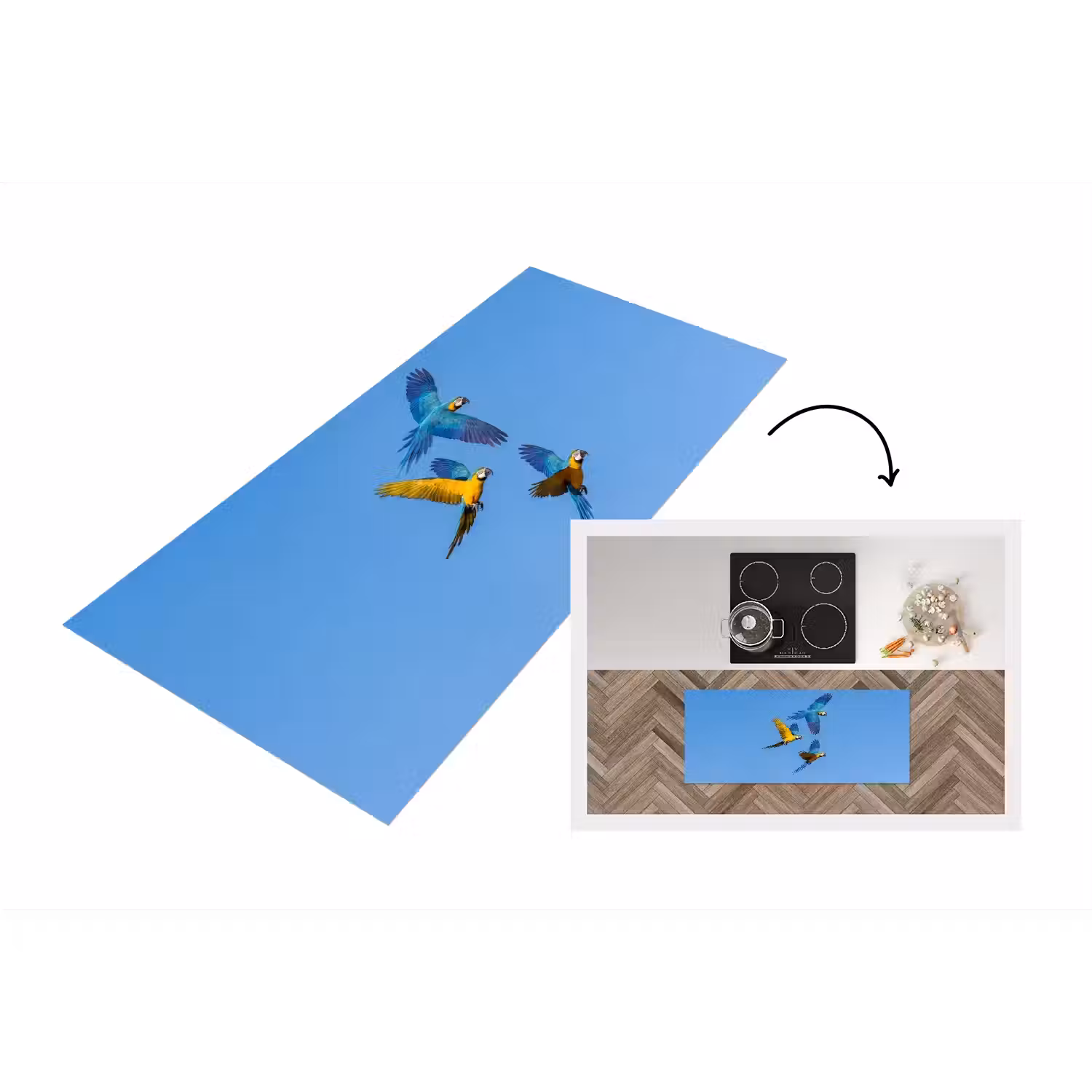 Papagaai - Vliegen - Blauw - Geel Keukenloper - keukenmat middel -3d