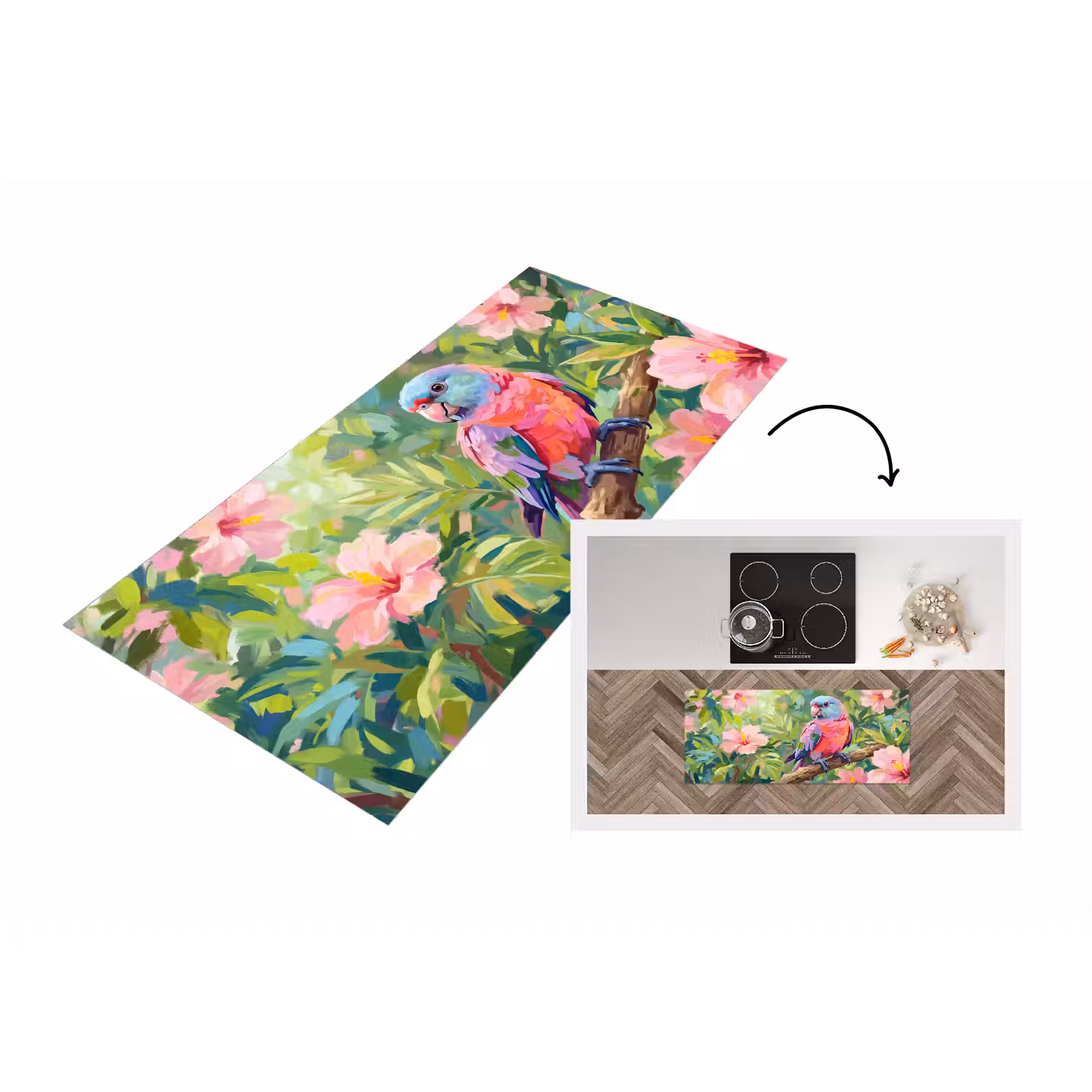Papagaai - Hibiscusbloemen - Kleurrijk Keukenloper - keukenmat middel -3d