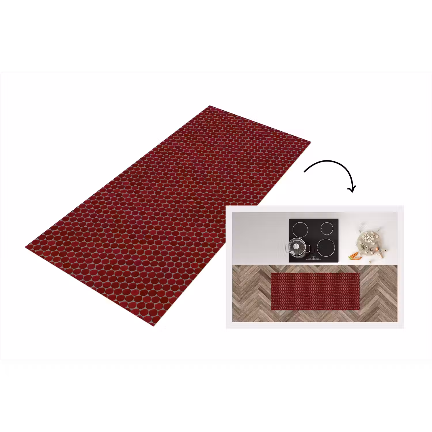 Penny - Mozaïek - Rond - Rood Keukenloper - keukenmat middel 536 -3d