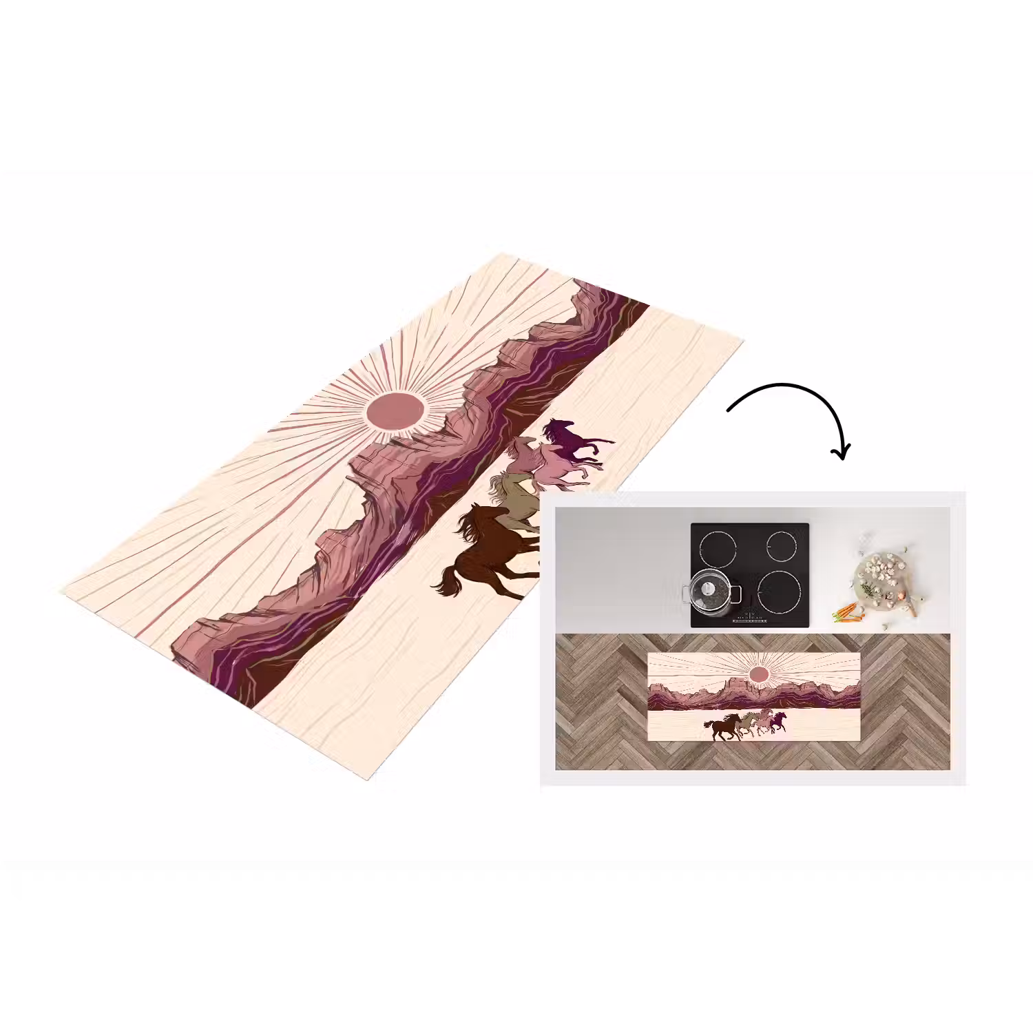 Paarden - Rennend - Woestijn - Natuur - Abstract Keukenloper - keukenmat middel -3d