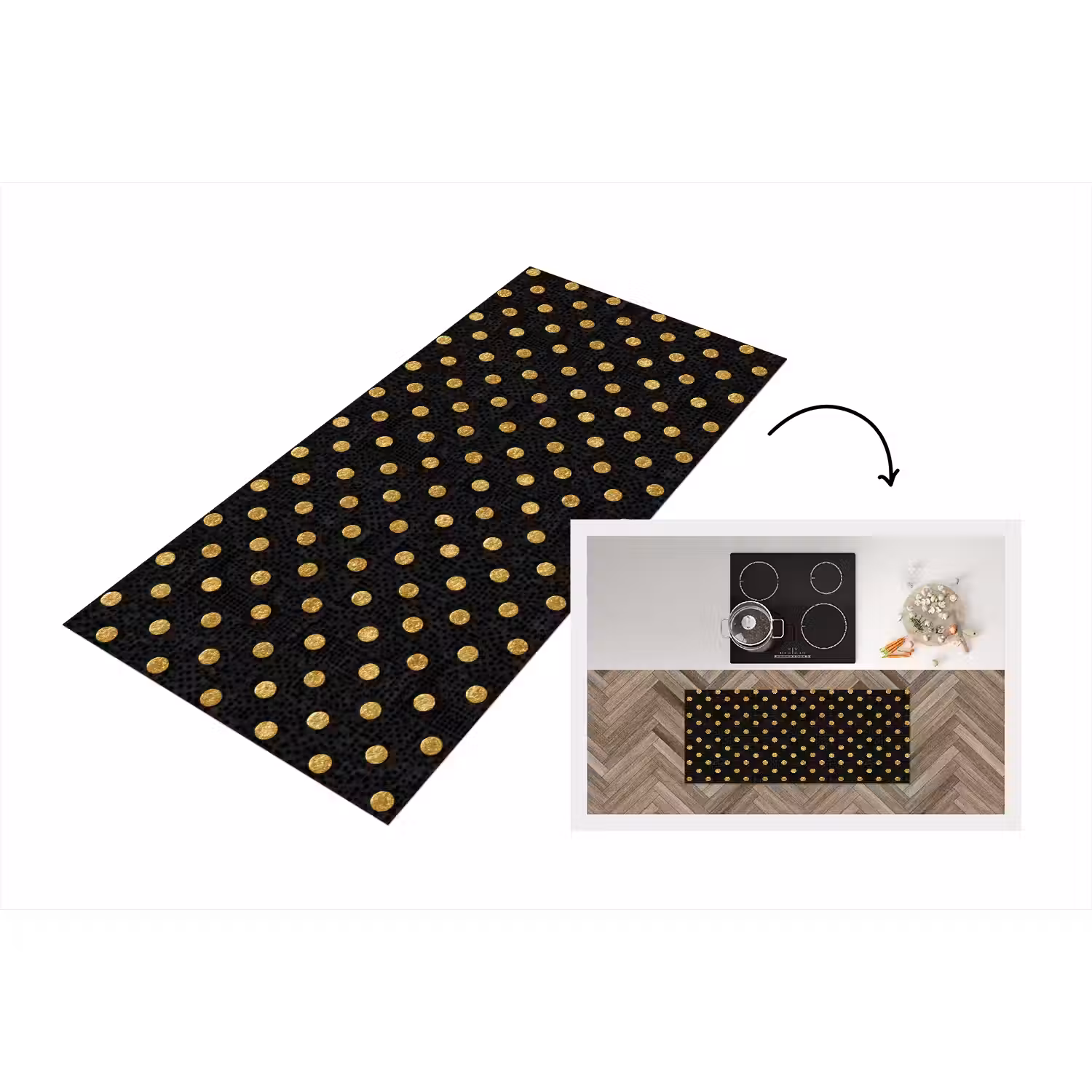 Polka Dot - Stippen - Goud - Zwart Keukenloper - keukenmat middel 536 -3d