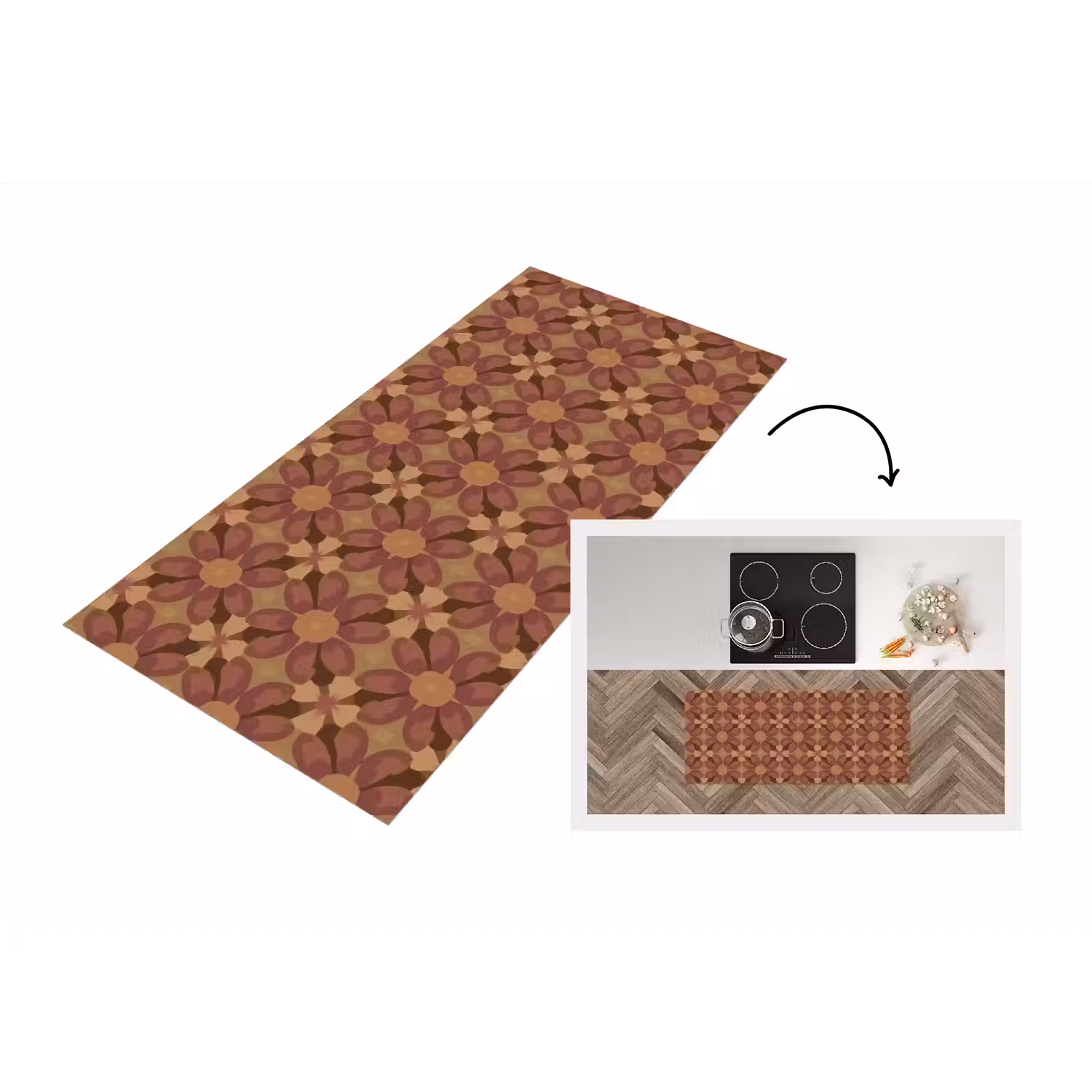 Retro - Bloemen - Bruin Keukenloper - keukenmat middel 536 -3d